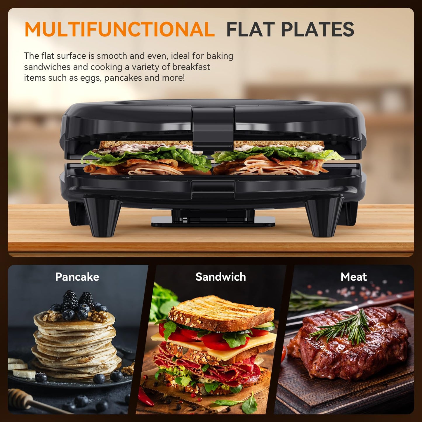 Sandwichera Eléctrica Snailar Negro con Placas Antiadherentes y Mango Cool Touch Multifuncional
