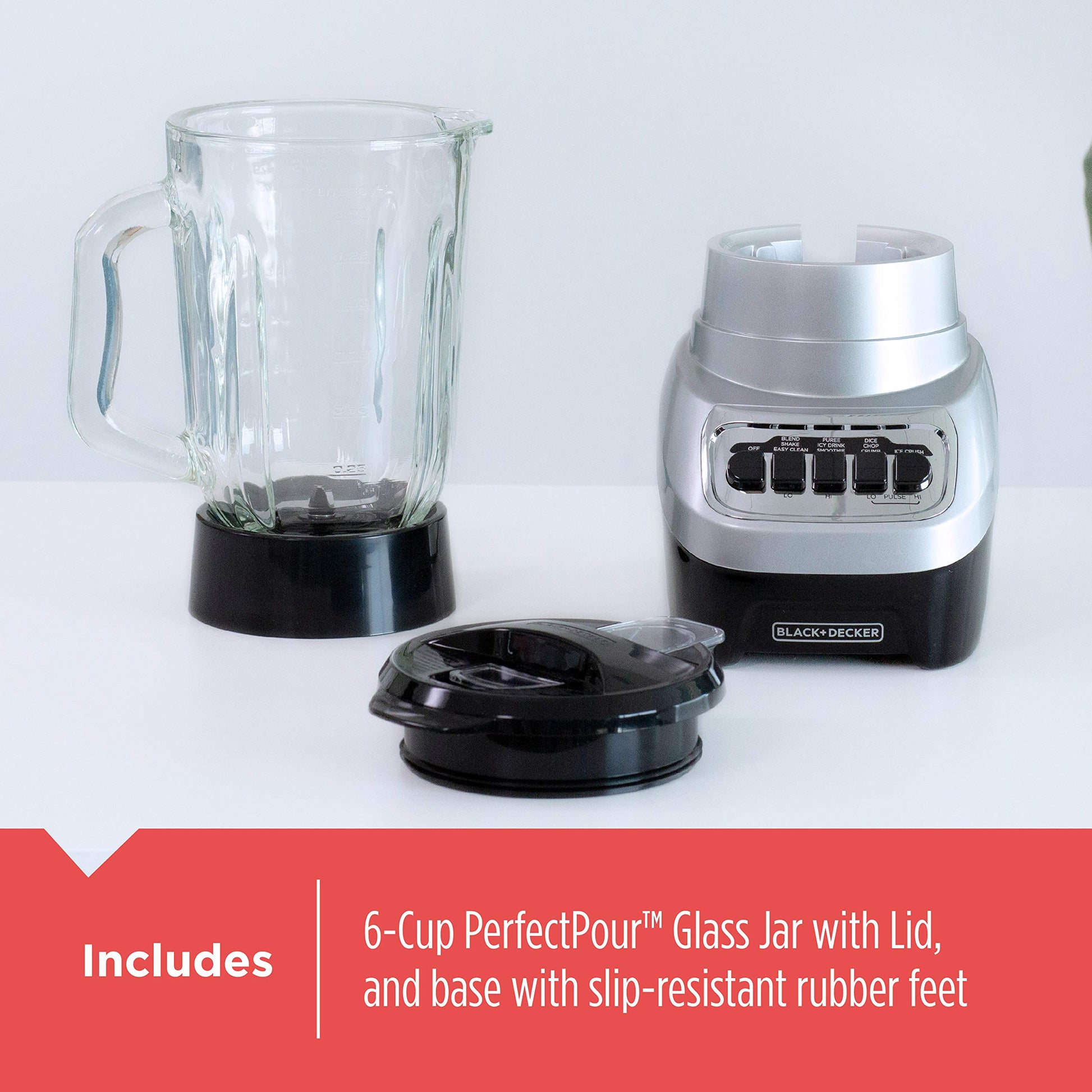 BLACK+DECKER PowerCrush - Licuadora de encimera para batidos y más, para batidos y más, hoja de acero inoxidable, 4 ajustes de velocidad para puré, triturar hielo, picar, dados y pulsar, apto para