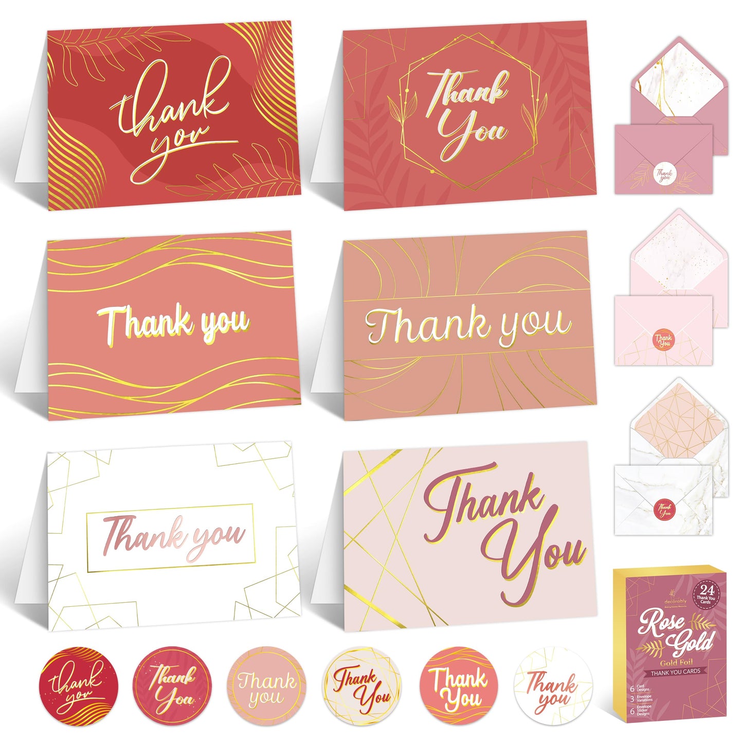 Paquete de 24 tarjetas de agradecimiento de oro rosa con sobres y calcomanías, 6 diseños en blanco dentro de tarjetas de agradecimiento rosas con sobres, tarjetas de agradecimiento de 6 x 4 pulgadas,