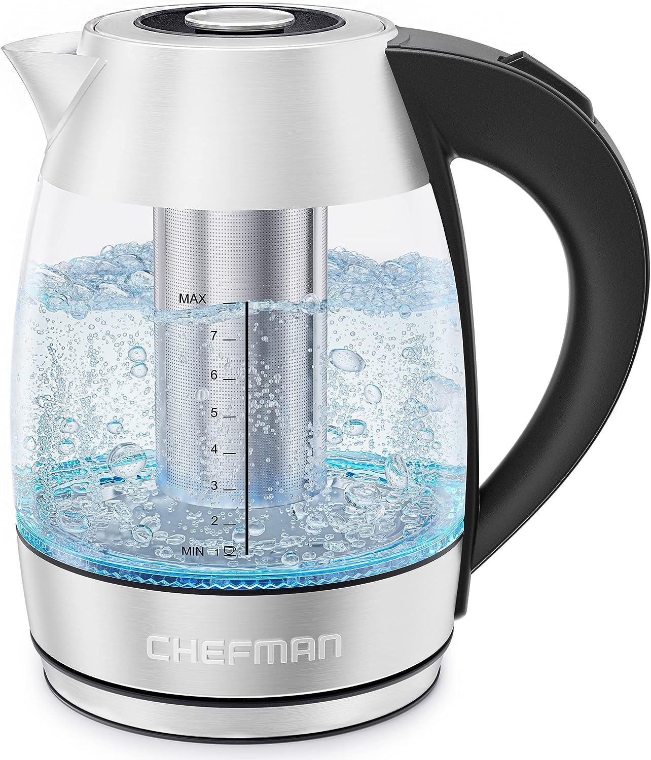 Chefman Tetera con Jarra de Cristal | Hervidor Eléctrico de 1.8 Litros | Base de 360 Grados | Acero inoxidable