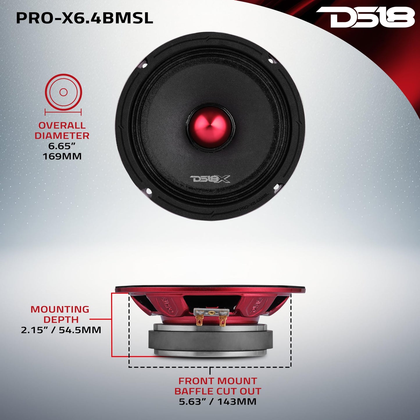 DS18 Pro-X6.4BMSL Slim Loudspeaker - 6.5", Midrange, Red Aluminum Bullet, 500W MAX, 250W RMS, 4 Ohms - Premium Quality Audio Door Speakers for Car or Truck Stereo Sound System (1 Speaker)