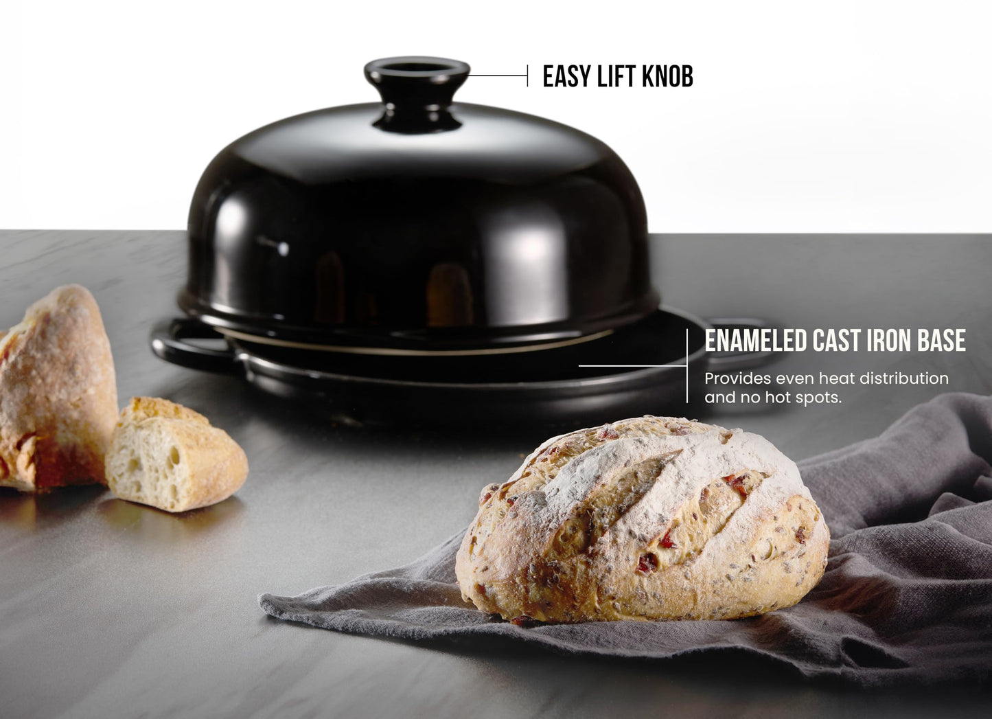 Kook - Horno de pan con tapa y asas, sartén de hierro fundido esmaltado y tapa de cerámica, para hornear, cocinar, asar, color negro