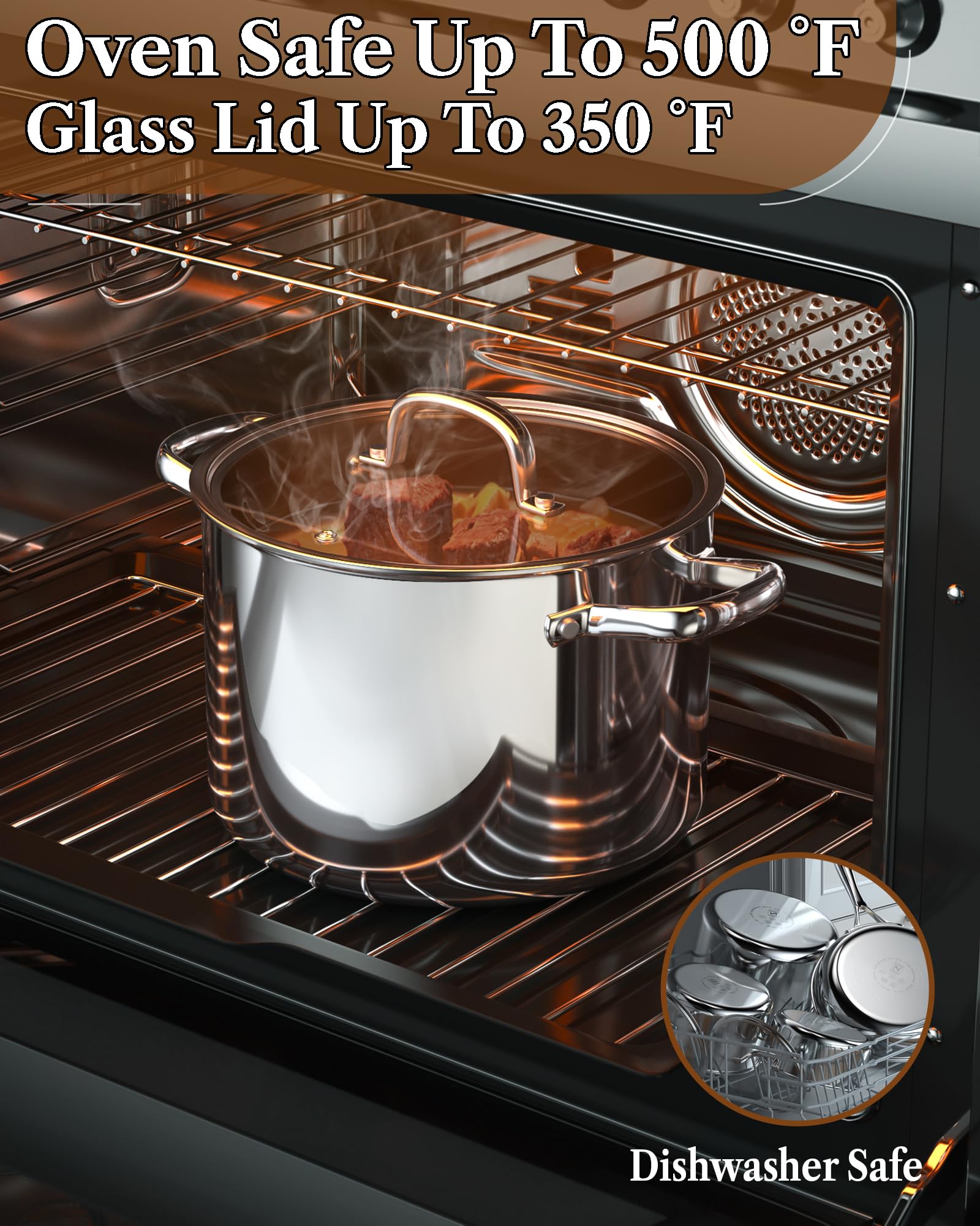Cook N Home Juego de utensilios de cocina de acero inoxidable con revestimiento de tres capas, juego de cocina con tapas de vidrio templado, listo para inducción, apto para lavaplatos, plateado