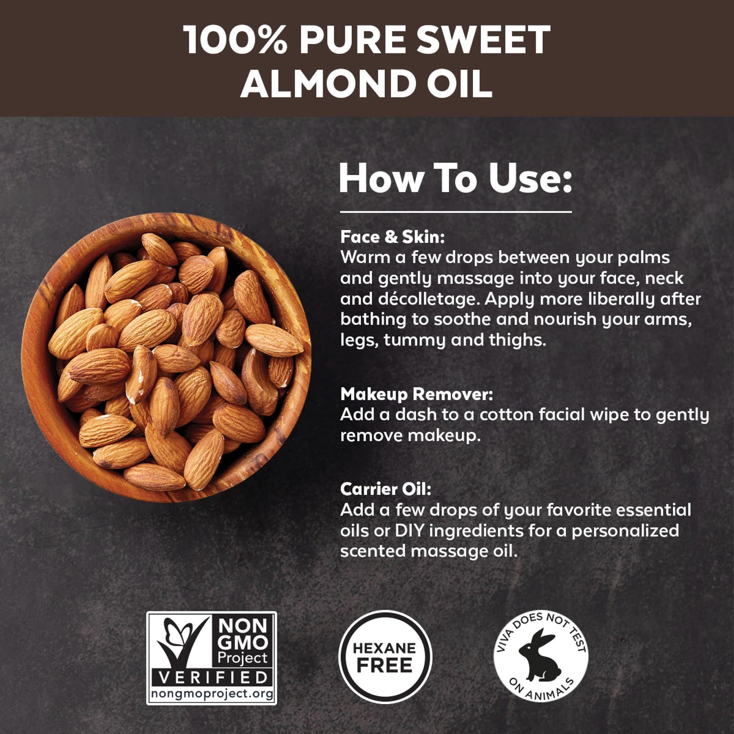 Viva Naturals Sweet Almond Oil 16 fl oz, 100% Pure and Hexane Free, Ideal for Skin and Hair