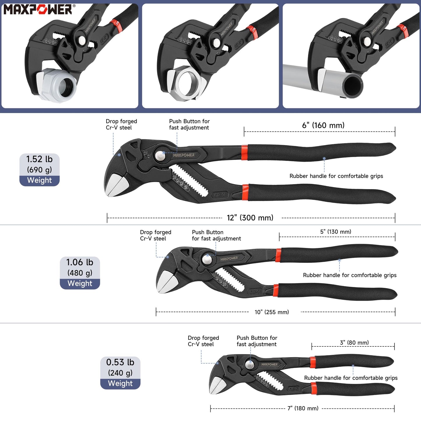 MAXPOWER - Llave de 3 alicates de 7 pulgadas, 10 pulgadas, 12 pulgadas
