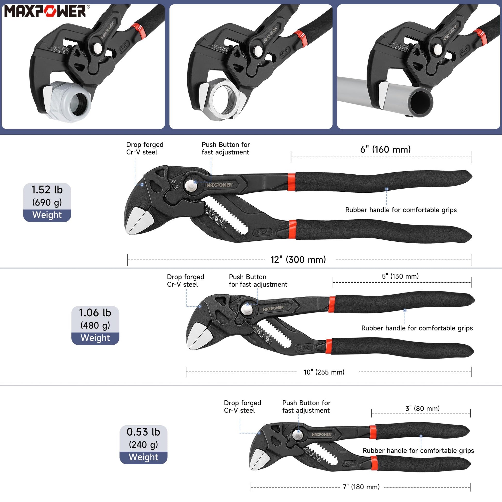 MAXPOWER - Llave de 3 alicates de 7 pulgadas, 10 pulgadas, 12 pulgadas