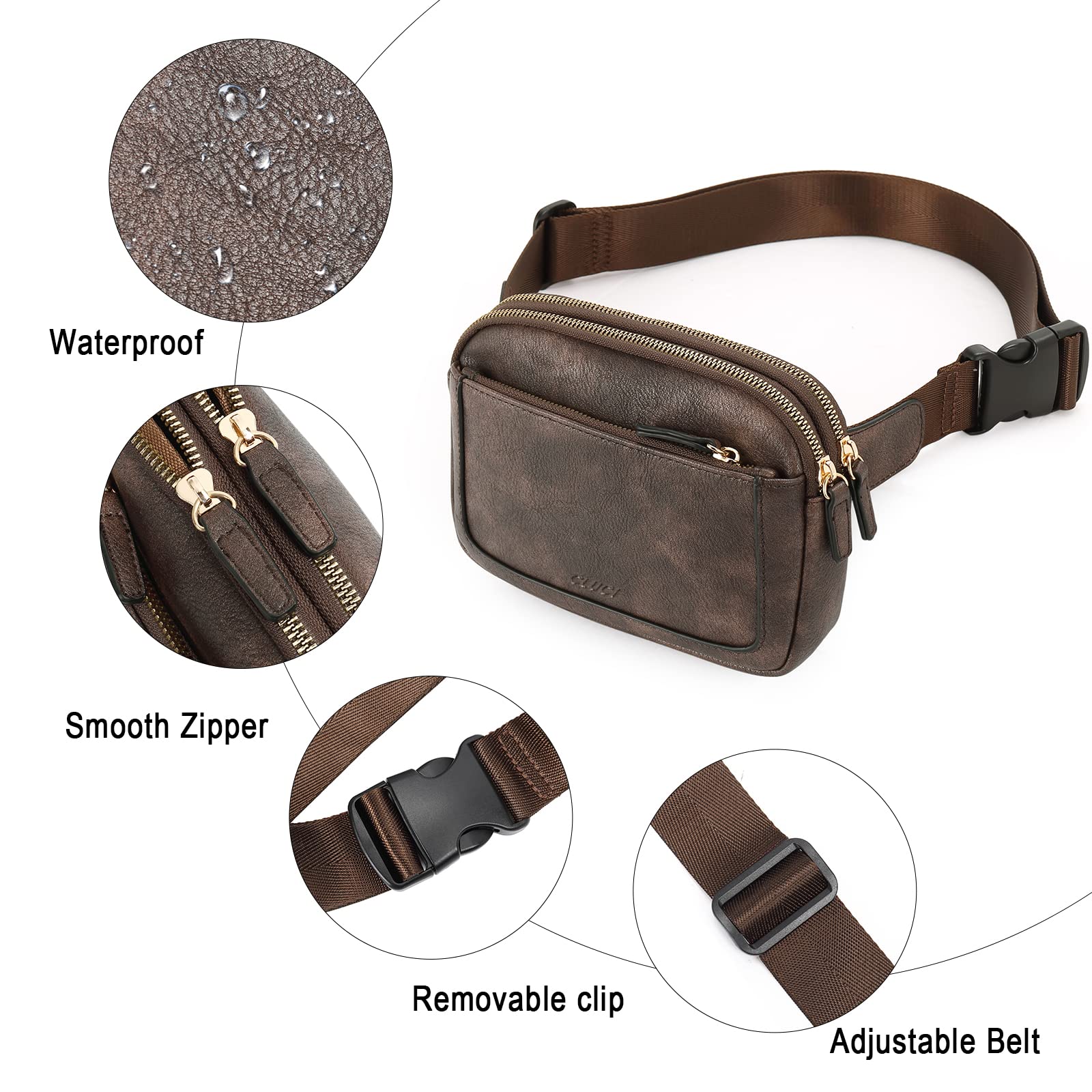 CLUCI - Riñonera para mujer, mini bolso cruzado en todas partes, correa ajustable, piel vegana, riñonera para mujer, Café oscuro, Una talla
