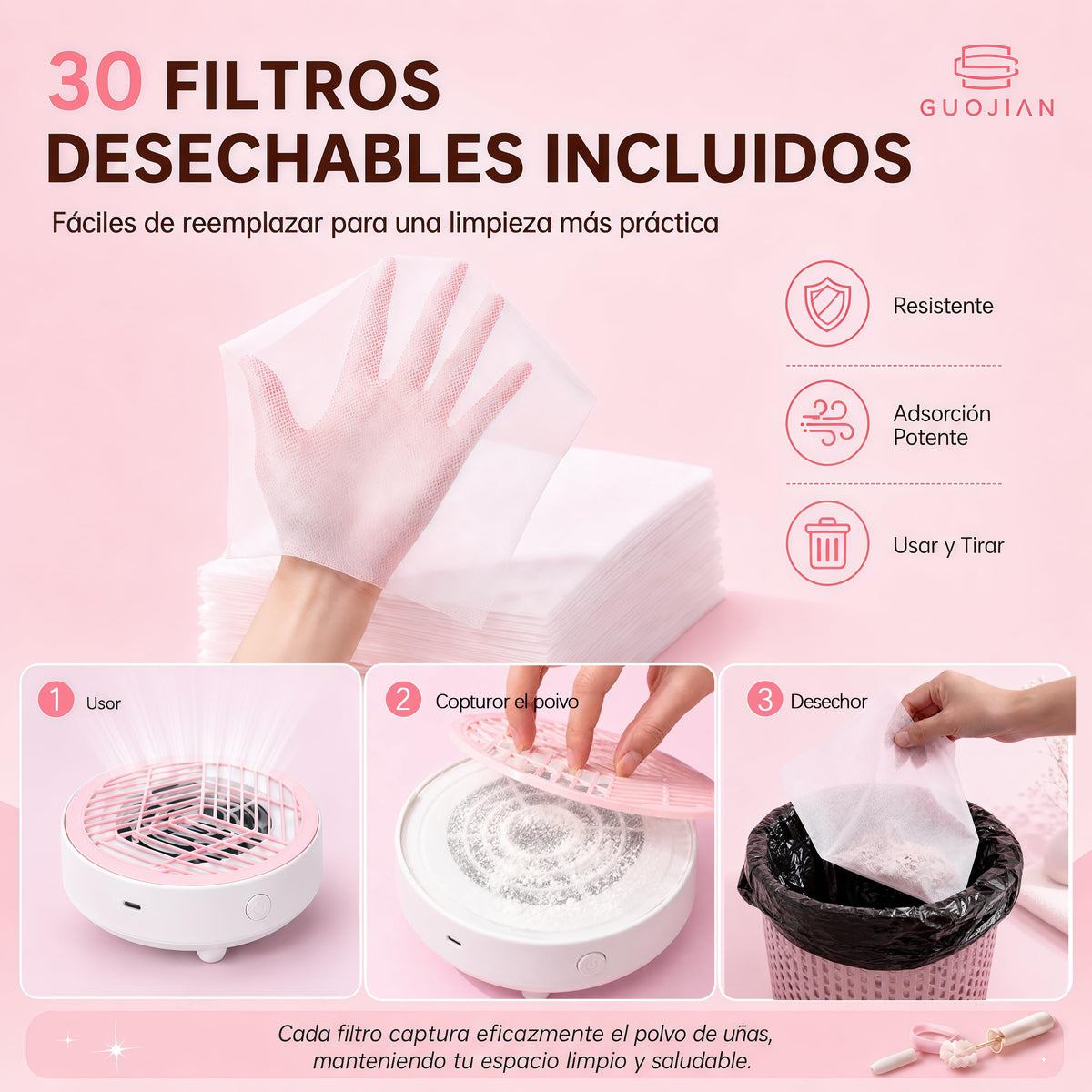 Colector de Polvo de Uñas GUOJIAN Blanco con Aspiradora Profesional y Filtros Desechables