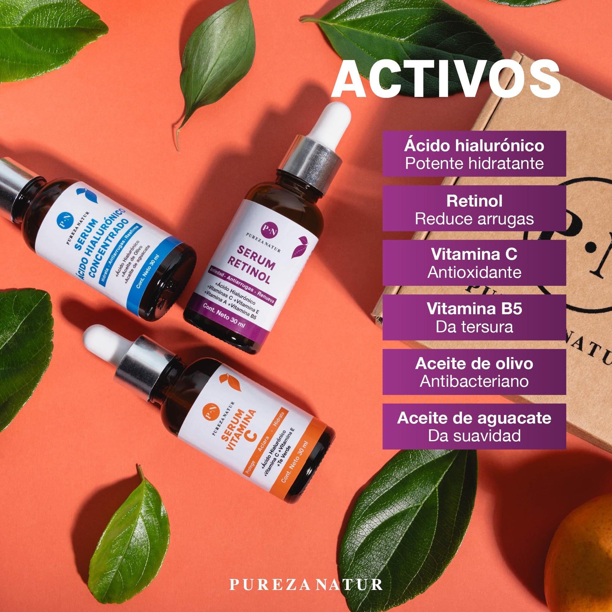 PUREZA NATUR Kit Serum facial Acido Hialurónico, Vitamina C y Retinol anti edad | Paquete completo de serum para el cuidado de la piel, hidratación y rejuvenecimiento (Kit AH + Retinol + Vit C)