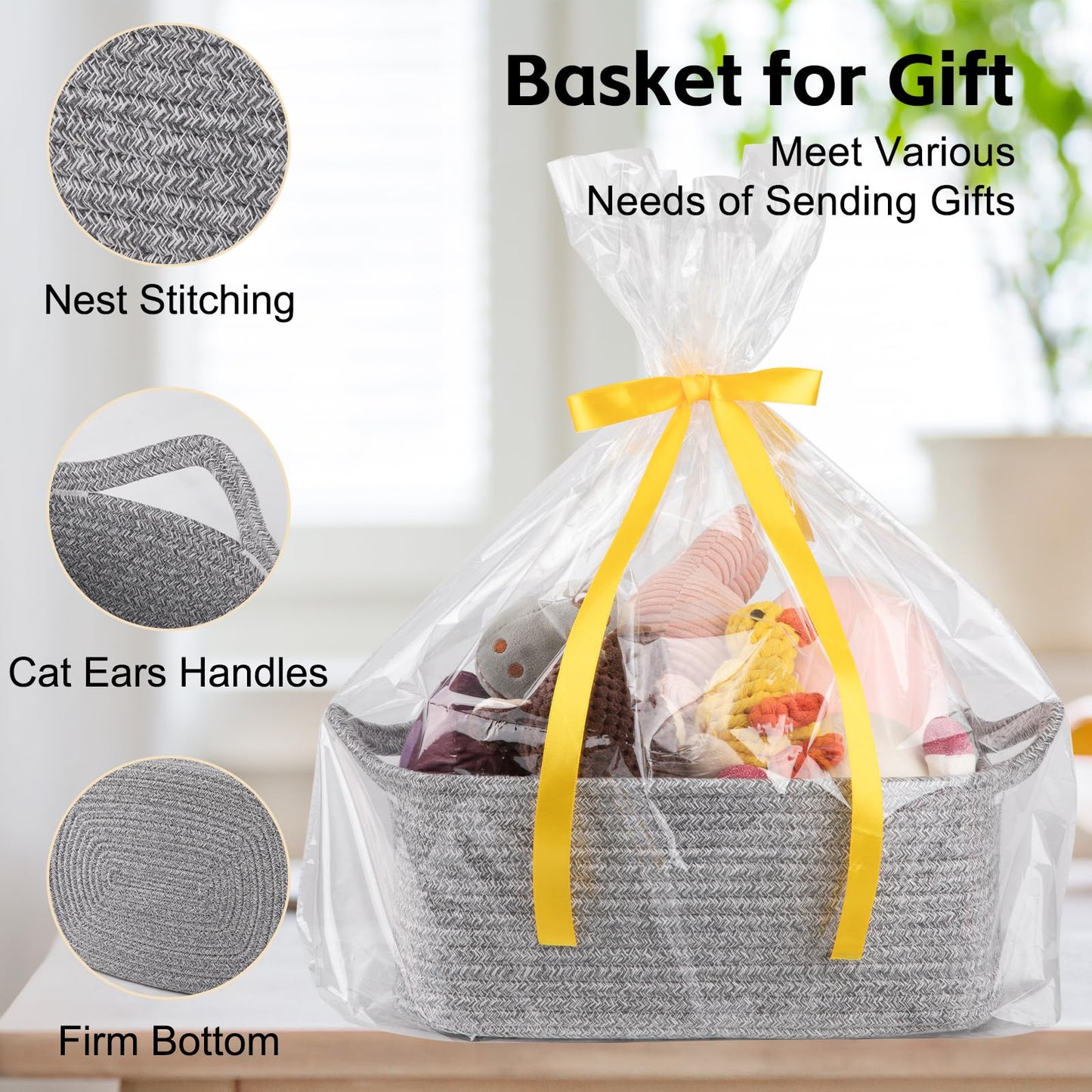 OIAHOMY - Cesta de regalo vacía con bolsas de regalo y cintas, cesta de cuerda para baby shower, cesta de almacenamiento con asas para guardería, cesta de juguetes para mascotas, color gris