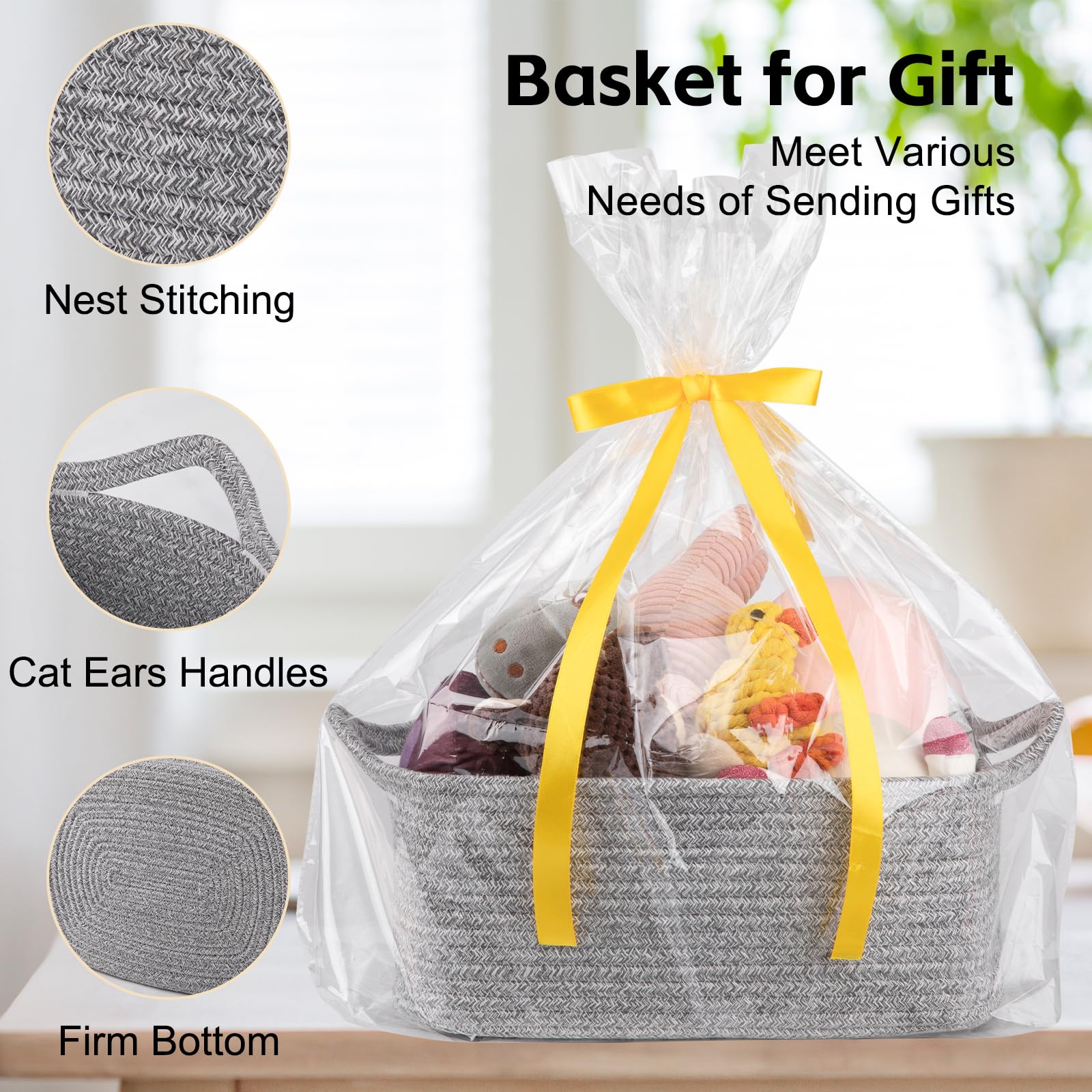 OIAHOMY - Cesta de regalo vacía con bolsas de regalo y cintas, cesta de cuerda para baby shower, cesta de almacenamiento con asas para guardería, cesta de juguetes para mascotas, color gris