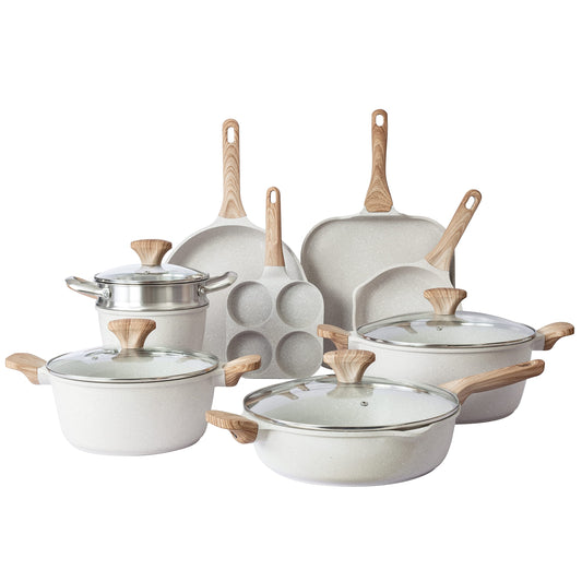 Country Kitchen - Juego de utensilios de cocina antiadherentes de inducción 13 ollas y sartenes de aluminio con asas BAKELITE - Ollas de inducción y sartenes con tapas de vidrio Crema (YCASPF9 CRM)