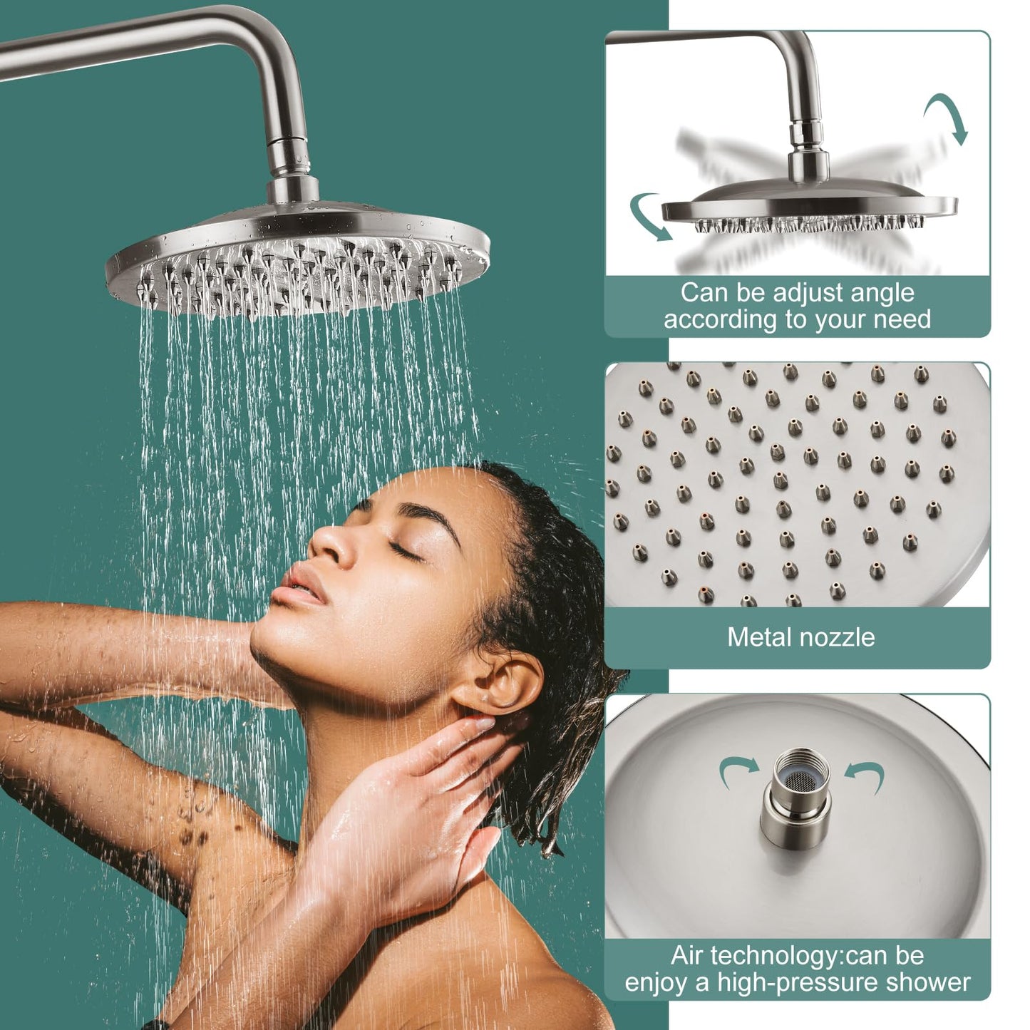 Heyalan - Sistema de ducha de tubo expuesto, níquel cepillado de 8 pulgadas, cabezal de ducha de lluvia, juego combinado de accesorios de latón de una sola manija con pulverizador de mano, barra