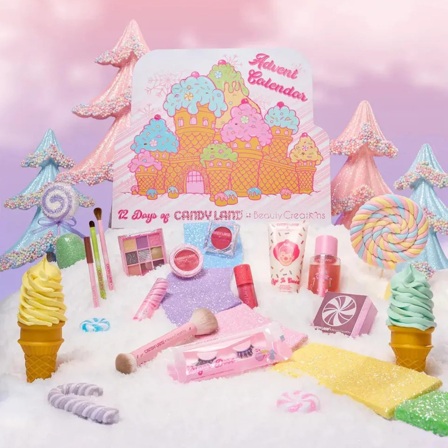 Beauty Creations - Calendario De Adviento 12 Días, Candy Land, Set De Maquillaje y Cuidado Personal, Incluye Paleta, Rubores, Brochas, Labial y Accesorios