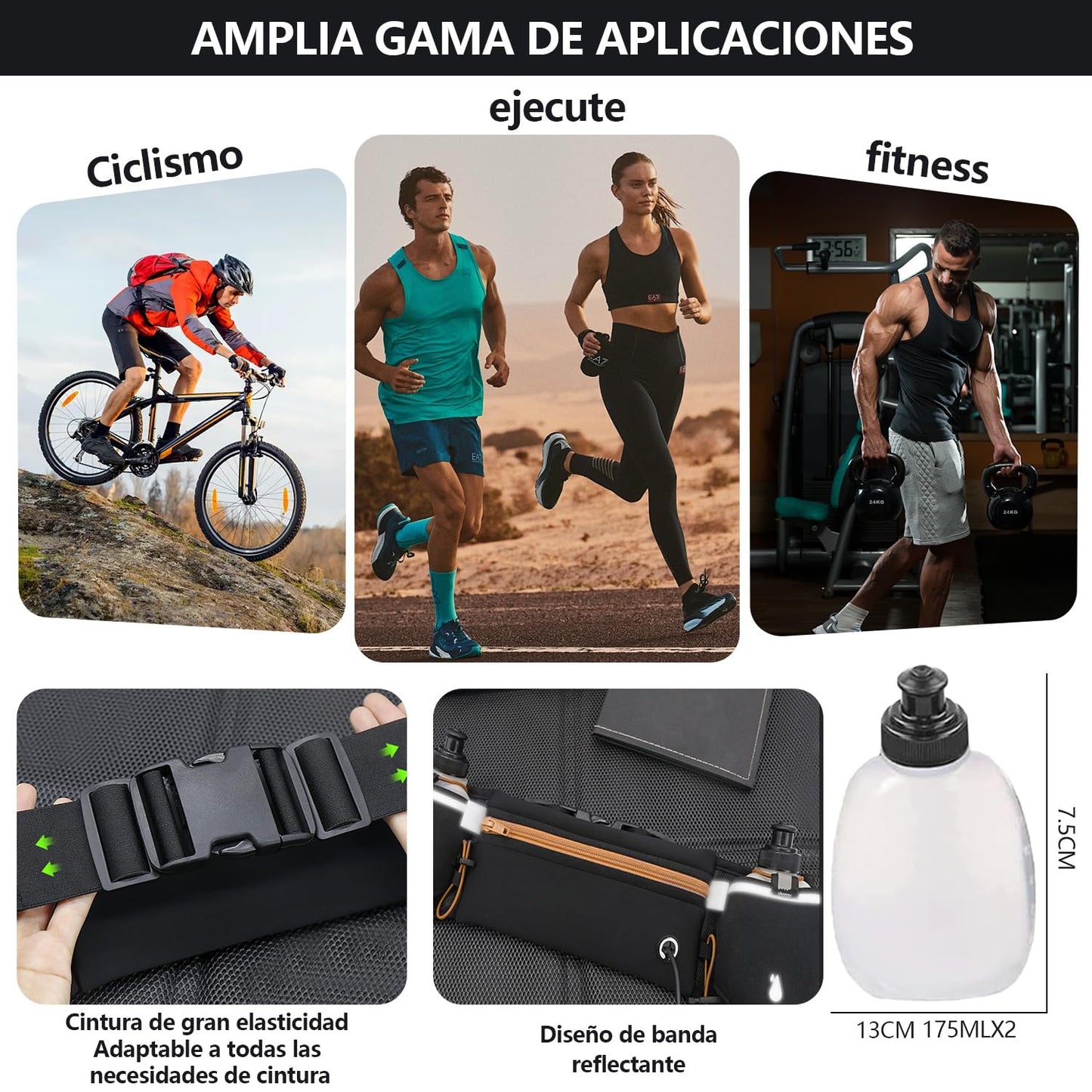 Cangurera Deportiva, Riñonera Deportiva con 2 Botellas de Agua, Riñonera Impermeable Reflectante con Cinturón Regulable, Ideal para Ciclismo, Correr, Deportes al Aire Libre. (1, naranja, Medium)