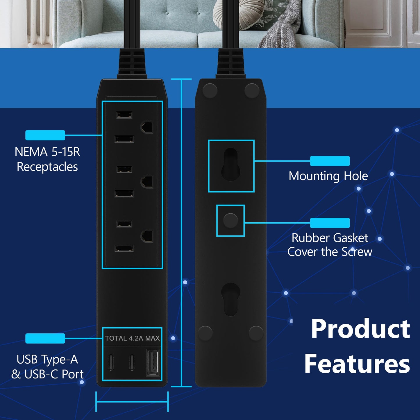 LIDER Extensor de Enchufe con 3 receptáculos, USB tipo A y 2 puertos USB tipo C, enchufe plano ultrafino con extensor de cable, regleta de 3 tomas, diseño en ángulo delgado, certificado UL, cable de