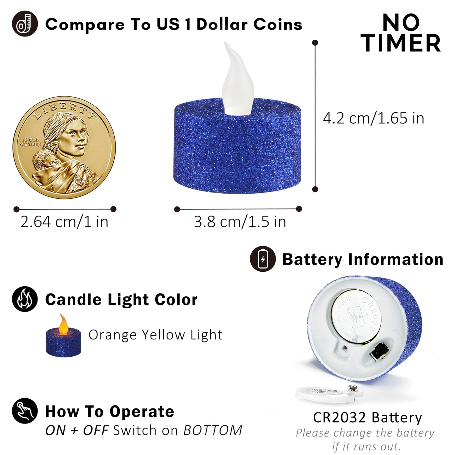 FURORA LIGHTING - Velas LED con purpurina azul real, paquete de 12, velas parpadeantes sin llama para decoración del hogar, 1.5 pulgadas de ancho x 1.65 pulgadas de alto, funciona con pilas