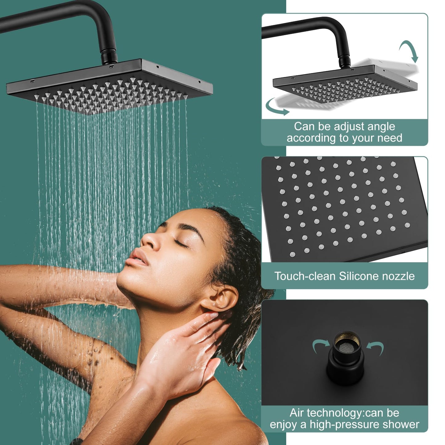 Heyalan - Sistema de ducha expuesto negro mate, doble función, llave de ducha de baño, 8 pulgadas, cuadrado, giratorio, cabezal de ducha de lluvia con juego completo ajustable de mano