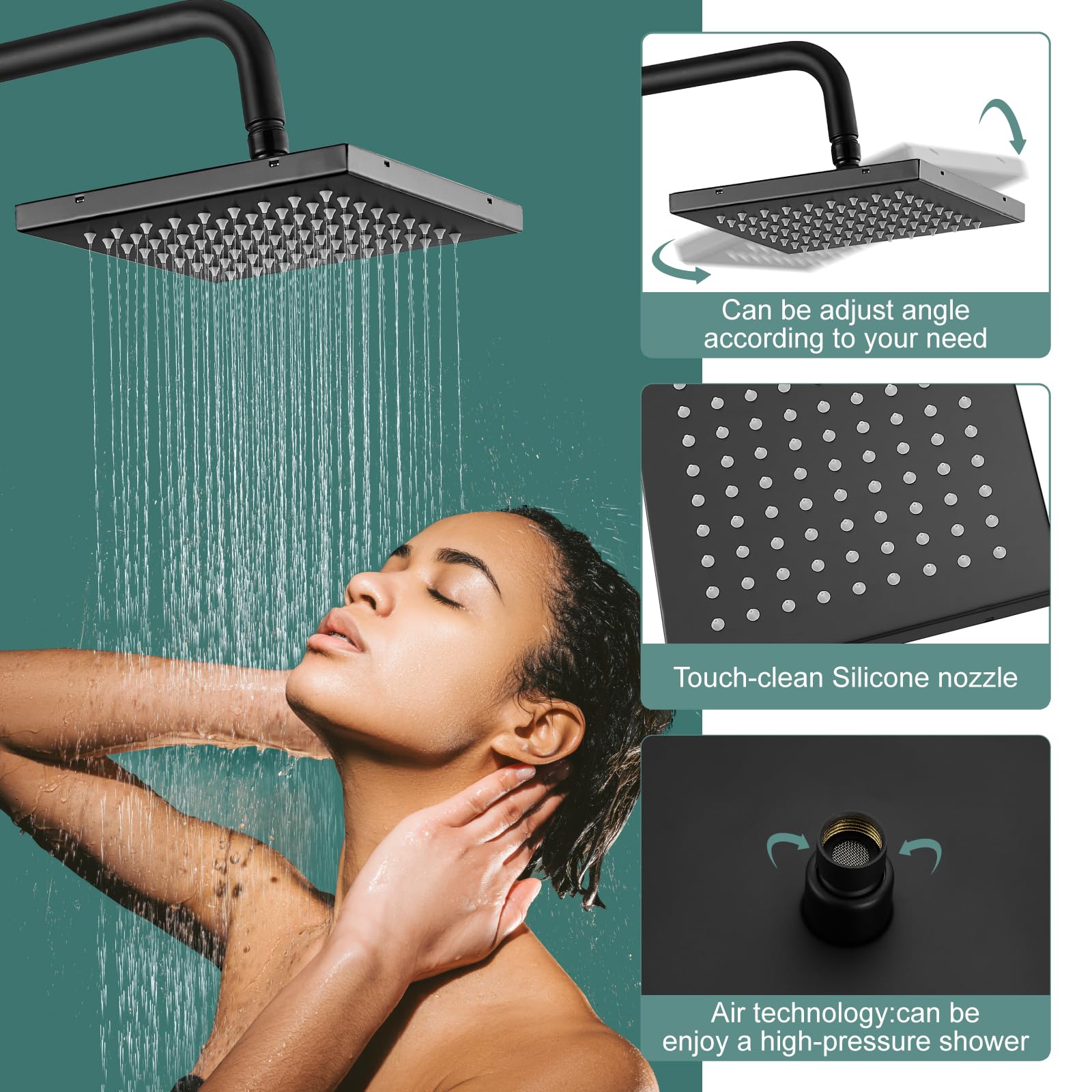 Heyalan - Sistema de ducha expuesto negro mate, doble función, llave de ducha de baño, 8 pulgadas, cuadrado, giratorio, cabezal de ducha de lluvia con juego completo ajustable de mano