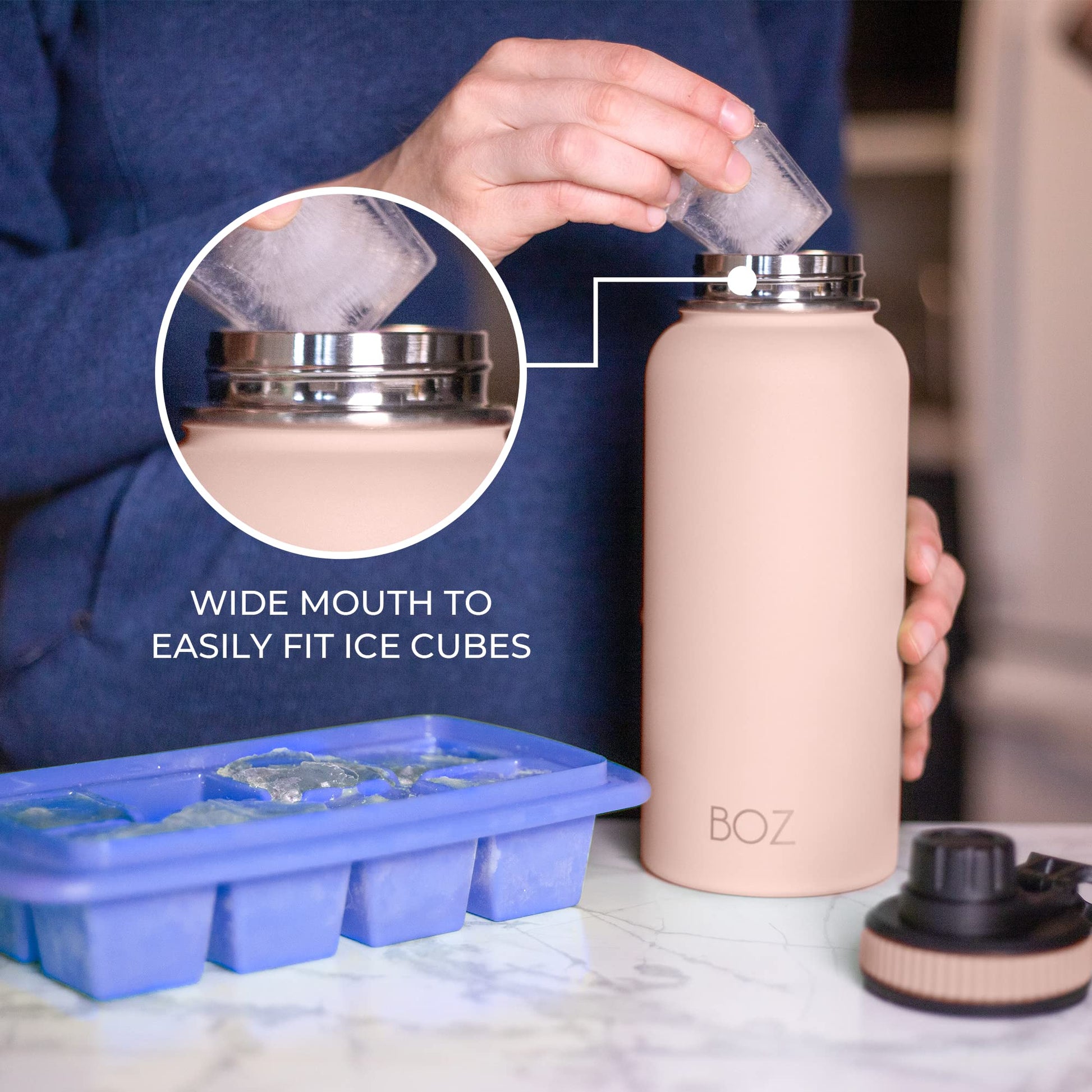 BOZ Botella de agua de acero inoxidable, termo de acero inoxidable 1 litro XL (1 L / 34 oz) boca ancha, sin BPA, aislamiento de doble pared al vacío (Rosa Blush)