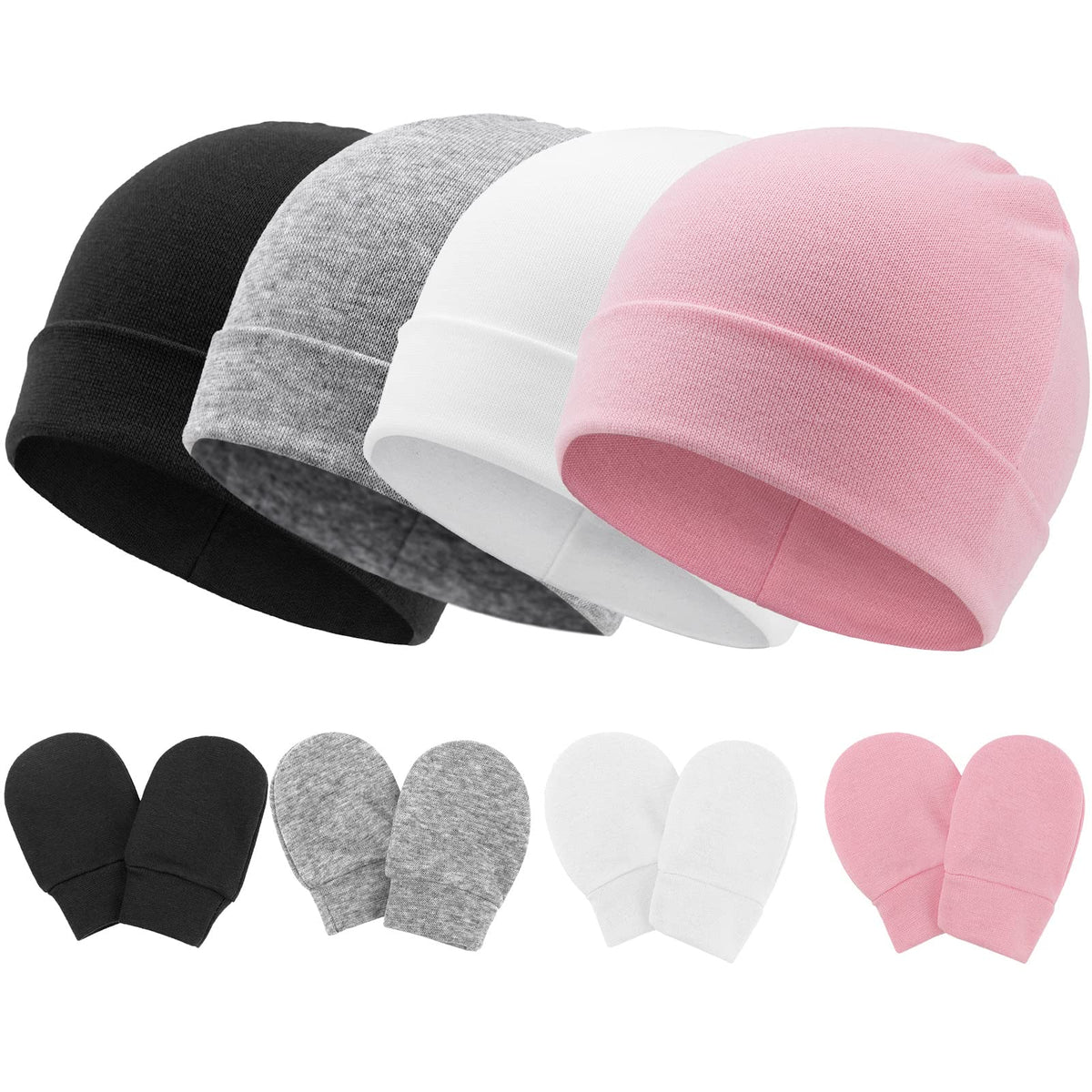 DRESHOW BQUBO Juego de Sombreros y Manoplas de Algodón para Bebé, Sin Arañazos, Gorro de Hospital Recién Nacido para Niños y Niñas, 4 Juegos
