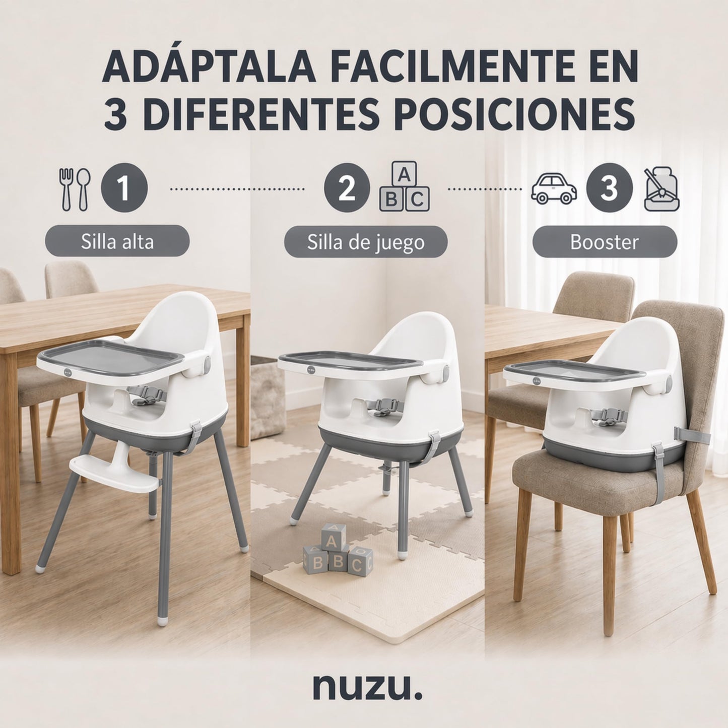 NUZU Periquera para Bebe 3 en 1 | Silla para Bebe Comer Multifuncional con Seguridad y Estilo | Versatilidad en Espacios Reducidos | Asiento Elevador Ajustable para Bebes 6 meses a 4 Años.(Gris)