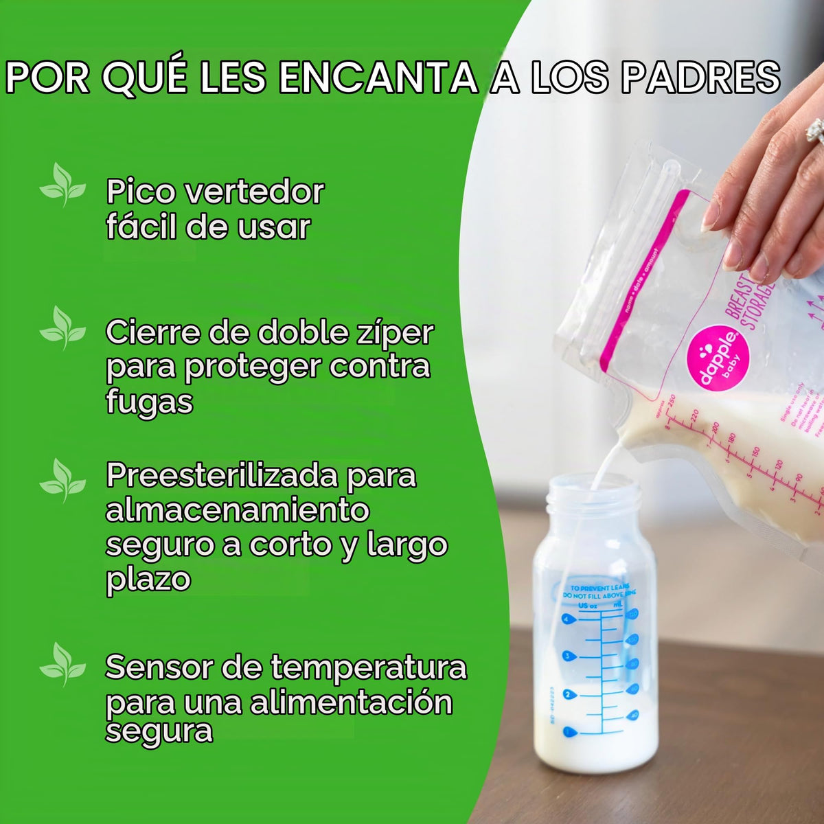 Dapple Baby - Bolsas de almacenamiento de leche materna con boquilla de