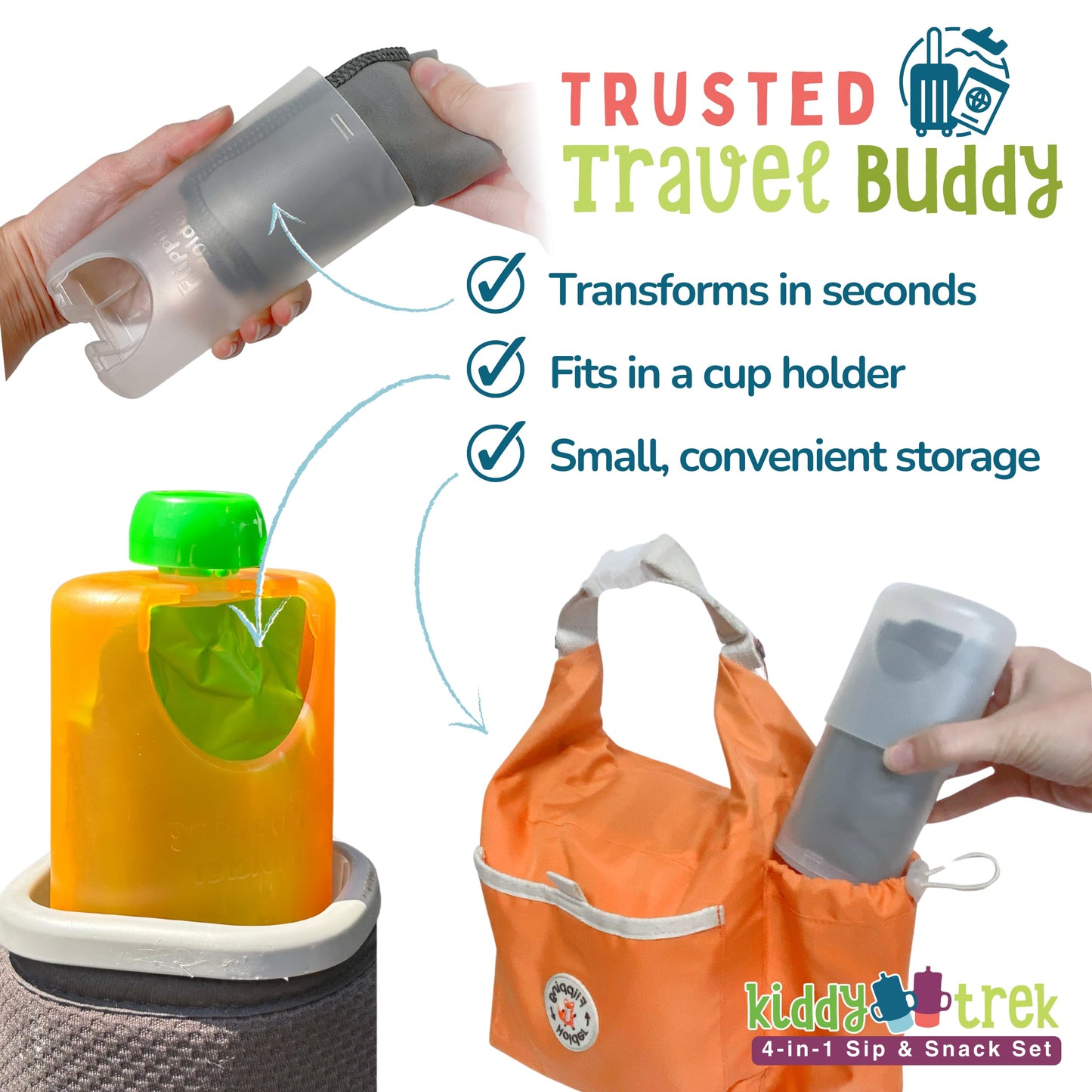 Soporte giratorio 4 en 1 para sorbos y aperitivos – Soporte para bolsa de comida de viaje, soporte para caja de jugo, taza de aperitivos y sorbos para bebés, niños pequeños y niños
