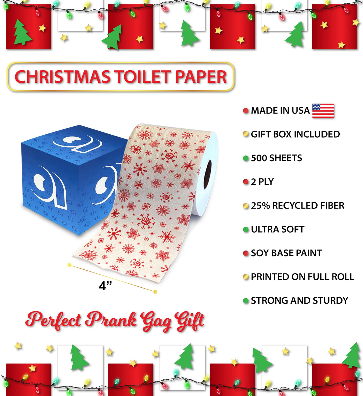Papel Higiénico Impreso Printed TP Copos de Nieve Rojos Navidad Decoración Divertida