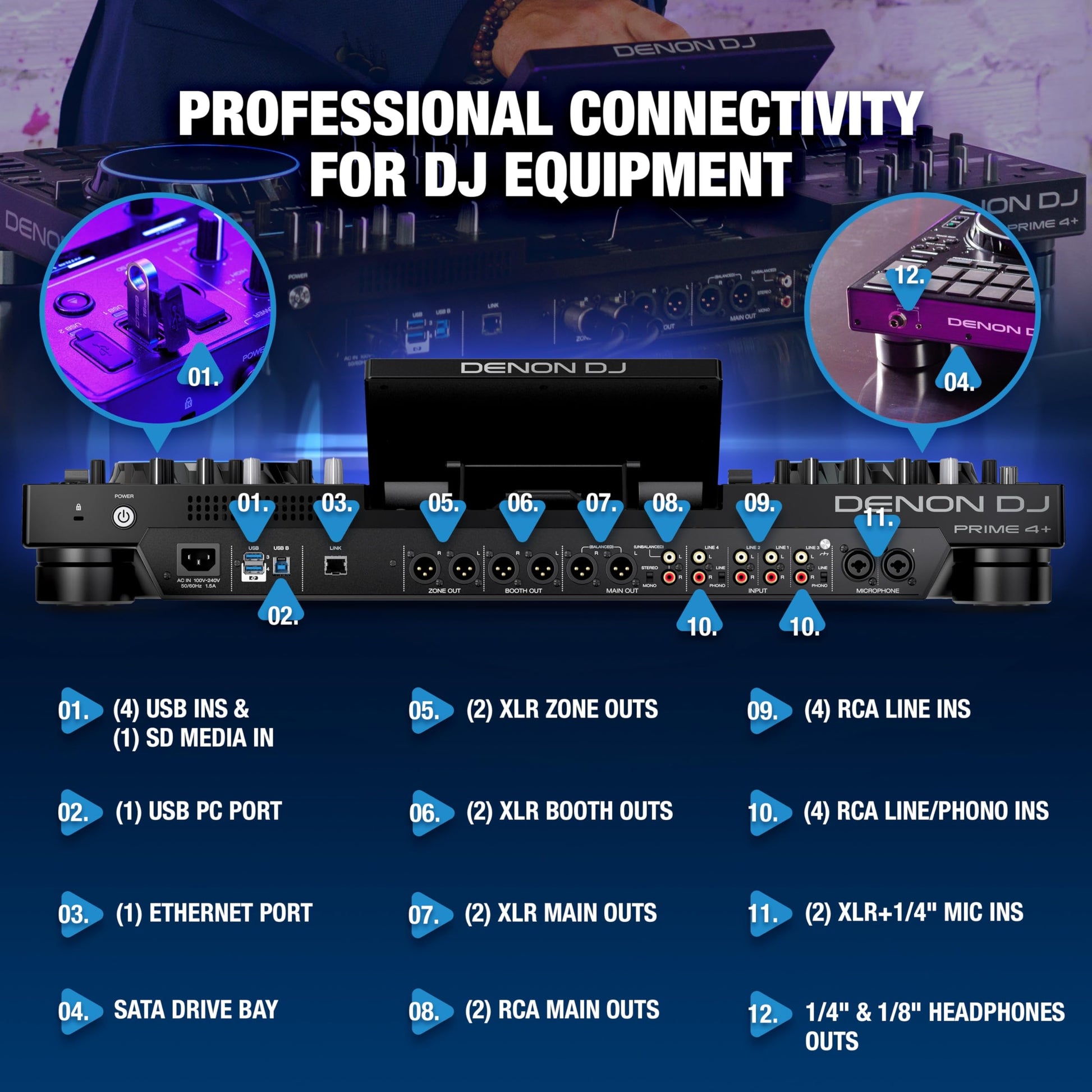 Denon DJ PRIME 4+ Controlador DJ Autónomo con Separación de Stems en 4 Decks, Streaming por WIFI, Mezclador, Pantalla Táctil 10.1", Control de Luces