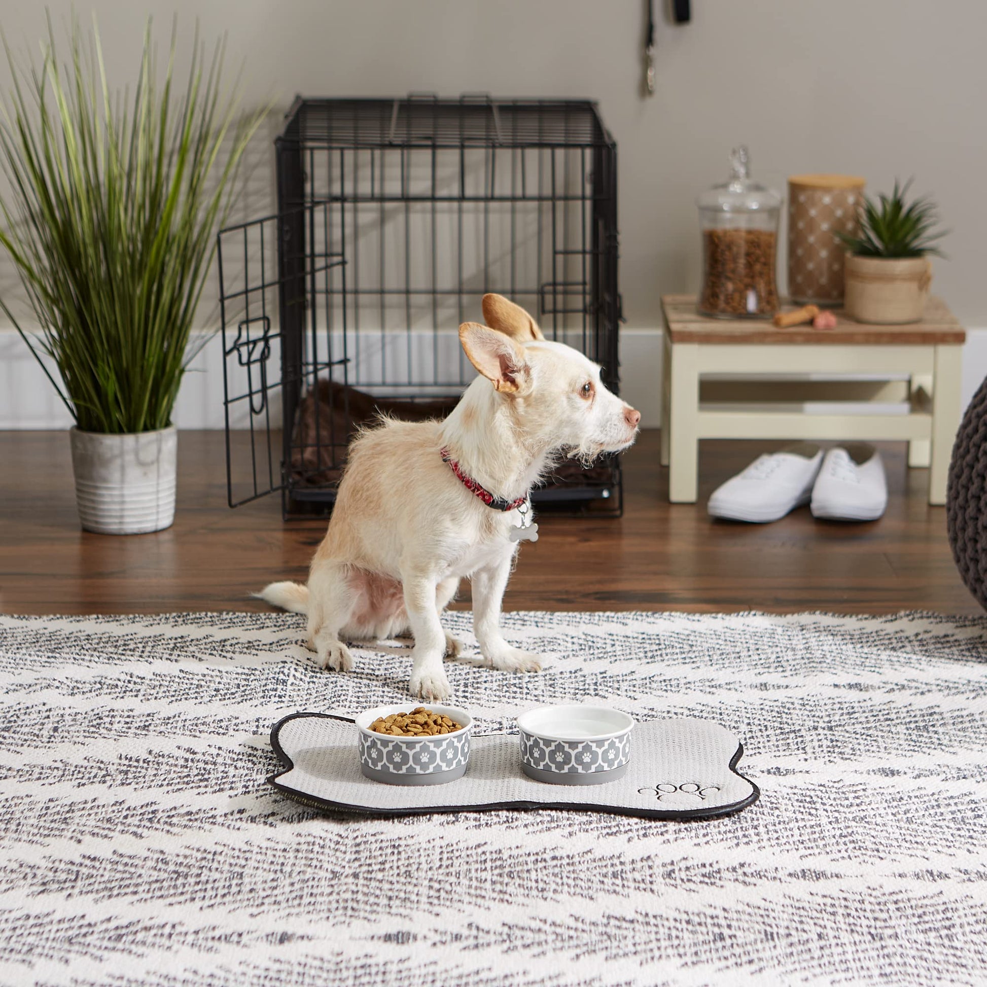 DII Bone Dry Lattice Ceramic Pet Bowl for Food & Water with Non-Skid Silicone Rim for Dogs and Cats (Small - 4.25" Dia x 2"H) Gray - Set of 2