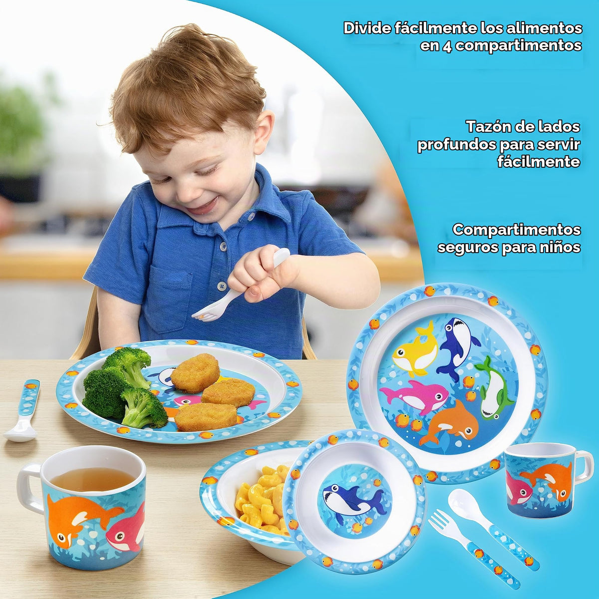 Bentology - Juego de 5 unidades para la hora de comer para niños, con temática de tiburón, incluye plato y tazón de borde elevado, taza, tenedor y cuchara, apto para lavaplatos, sin BPA, lindo plato