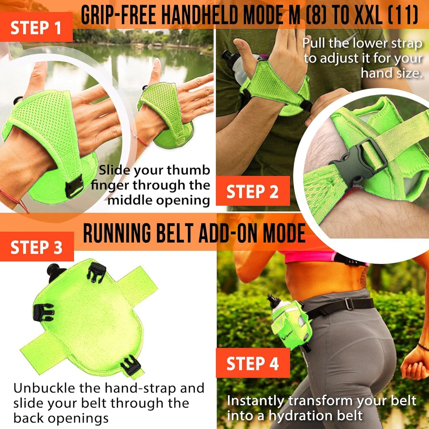 Botella de agua y cinturón 2 en 1 Running Fun Green de mano de 12 onzas, correa a mano o deslizarse en el cinturón, bolsillo impermeable para dinero, llave, identificación, maximiza tu tiempo,