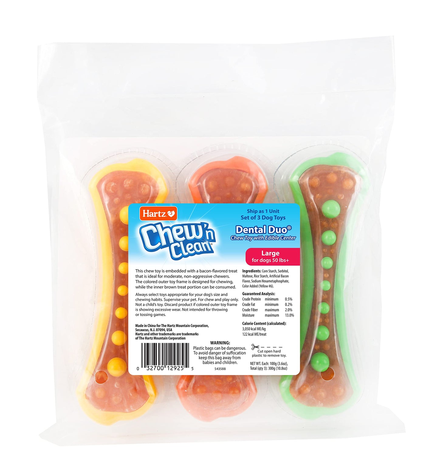 Hartz Chew 'n Clean Dental Duo Dog Treat & Chew Toy, Color Varies, Large, 3 Pack