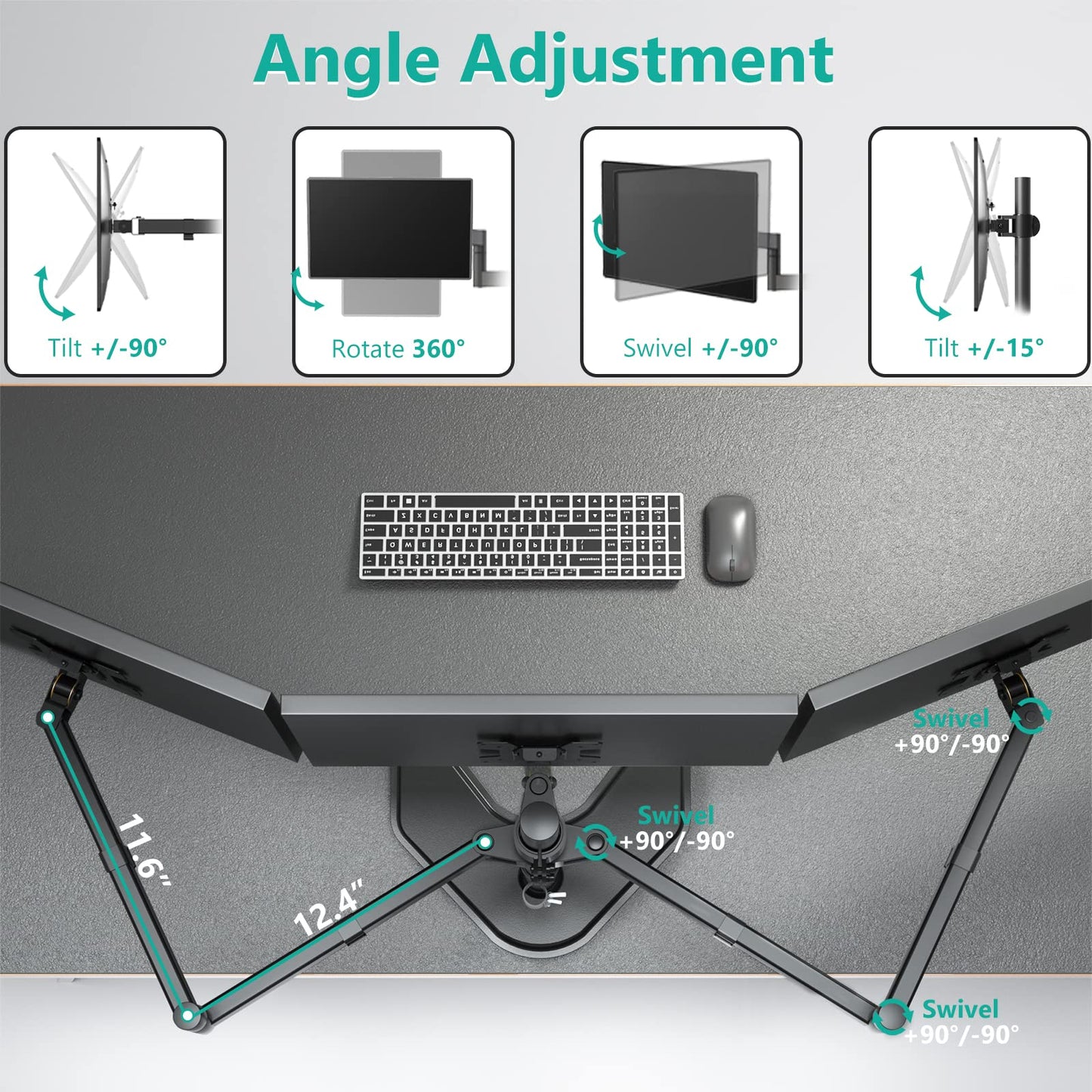 Soporte para Monitor Triple WALI Negro con Inclinación y Rotación para Escritorio