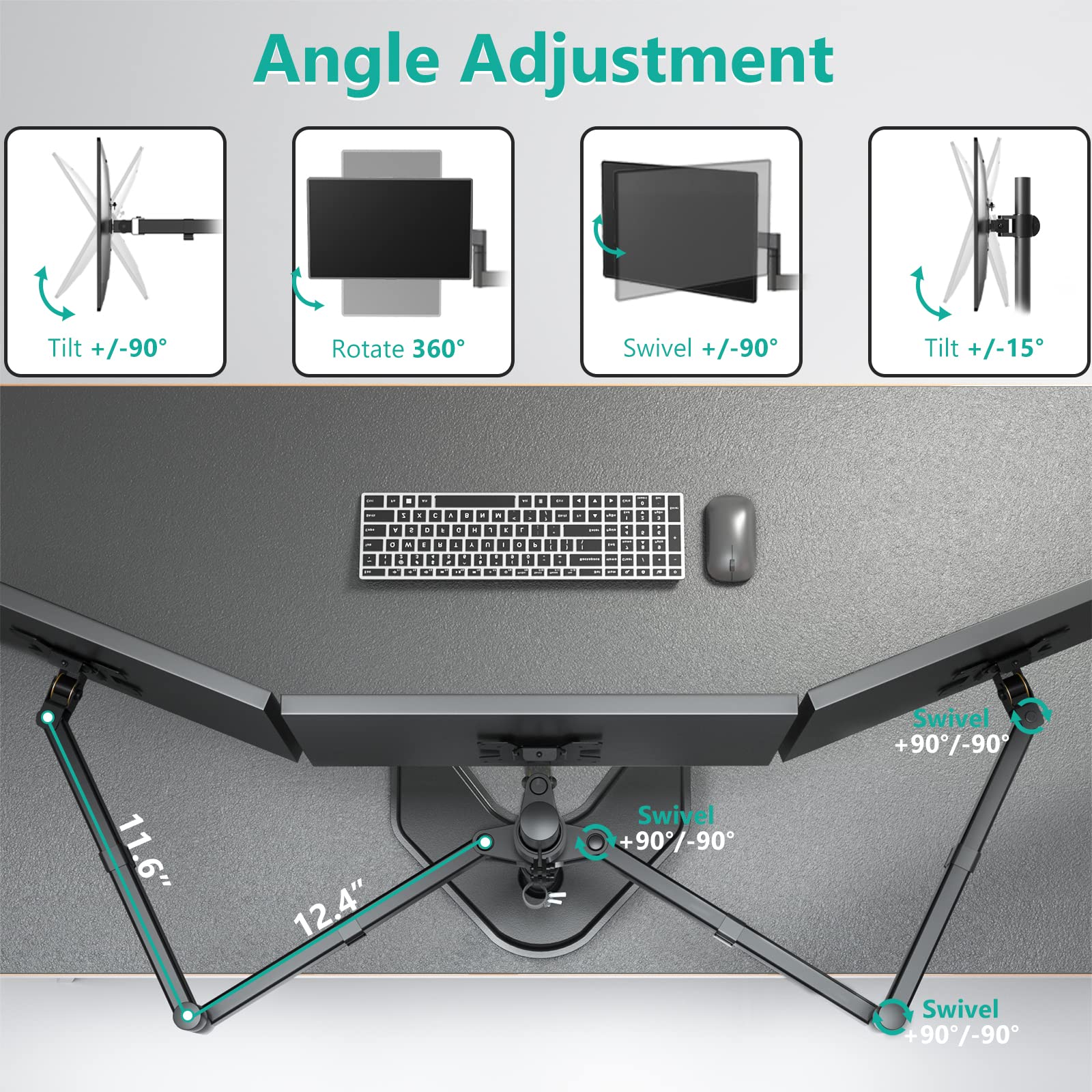 Soporte para Monitor Triple WALI Negro con Inclinación y Rotación para Escritorio
