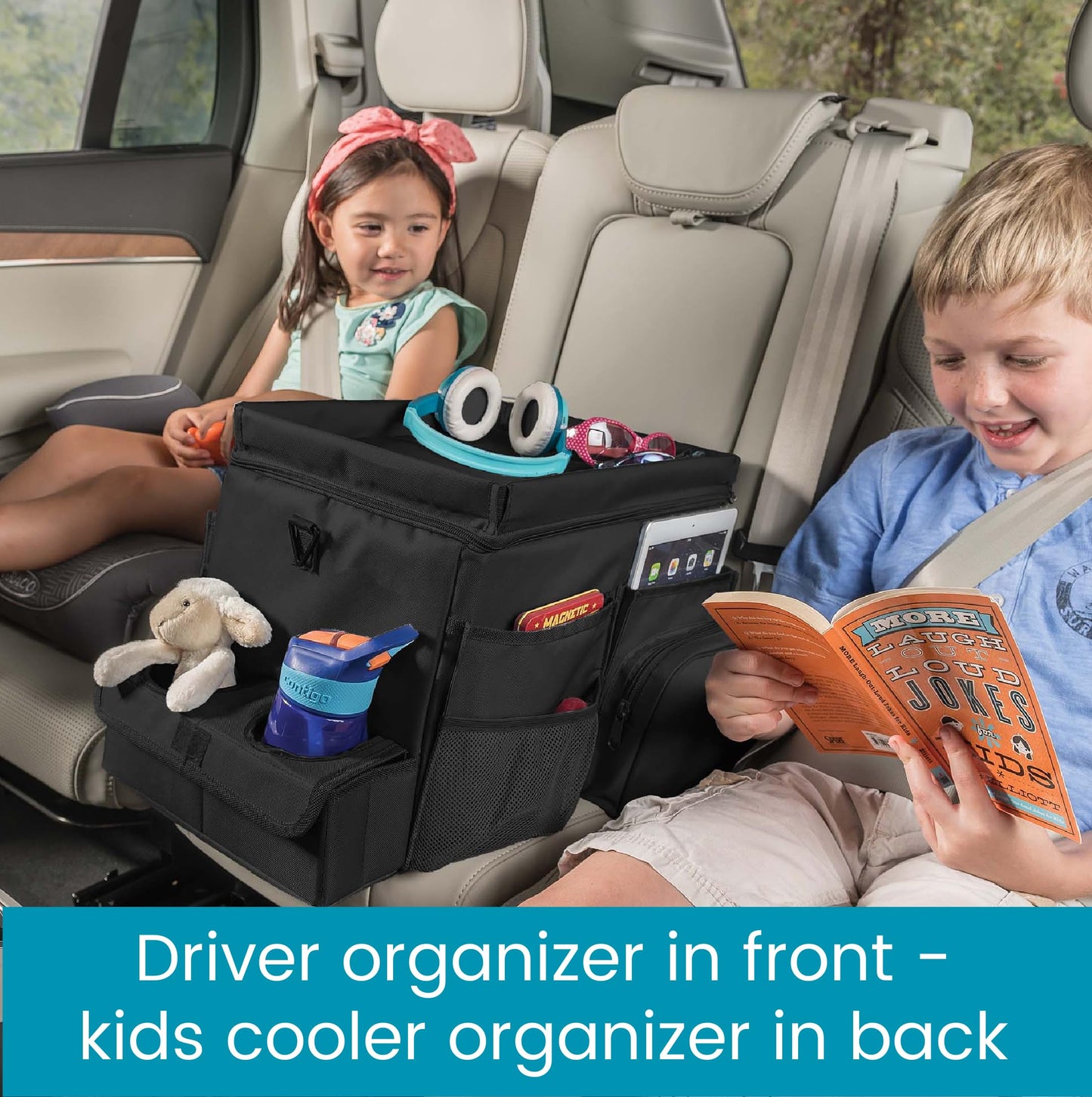 High Road - Organizador grande de asiento de coche CarHop para el asiento delantero o trasero para niños y adultos con bandeja para portavasos y bolsillos laterales y compartimento para enfriador