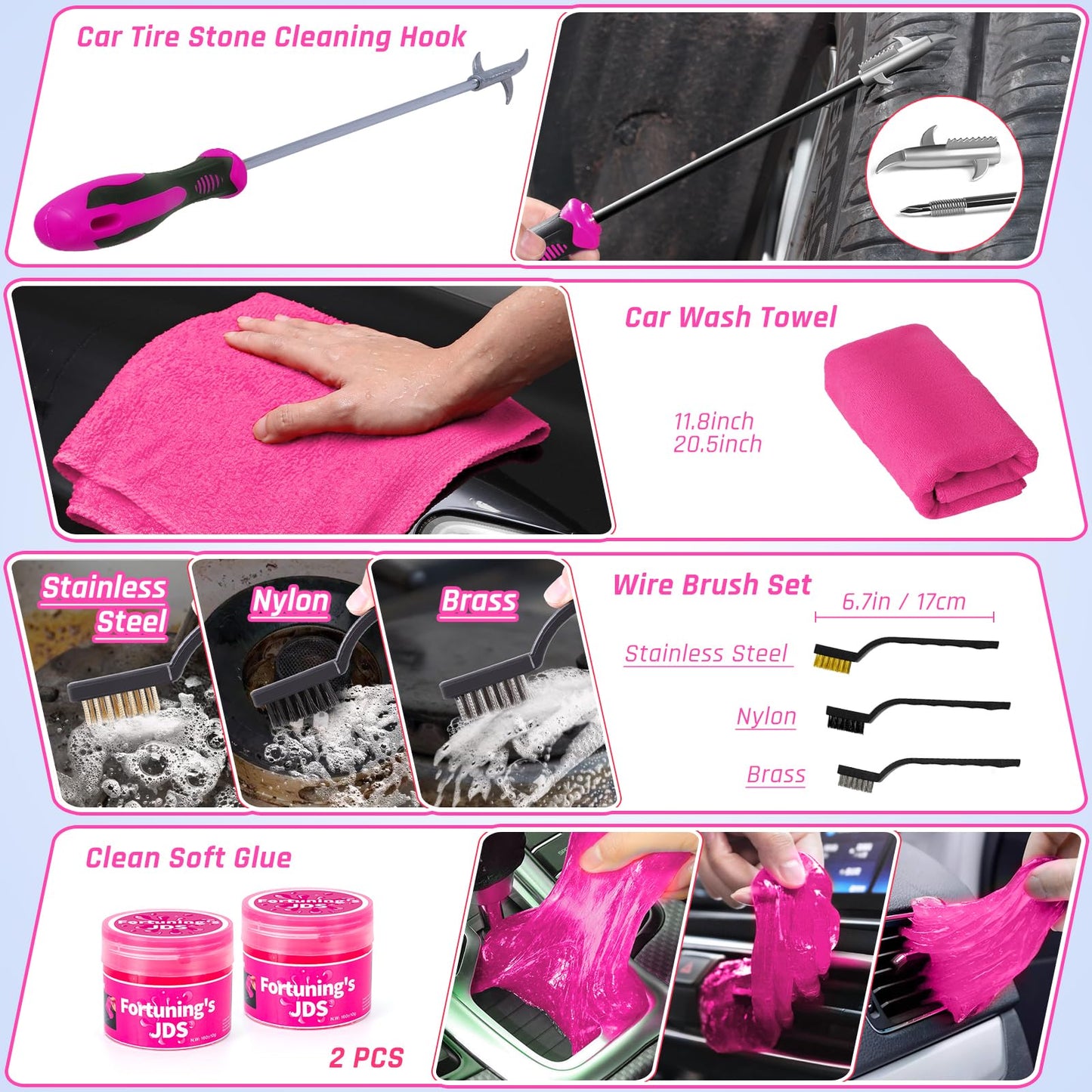 Kit de 35 piezas para limpieza de interiores de coche con aspiradora de mano de alta potencia, kit de lavado con cepillos, accesorios color rosa para motocicletas, regalos para mujeres