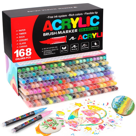 Marcadores Acrílicos 168 Colores Punta Brush – Tinta Acrílica Líquida de 2.4 ml, Caja de 7 Niveles, Ideal para Arte en Roca, Madera, Vidrio, Tela y Más – Rotuladores Acrílicos de Pintura