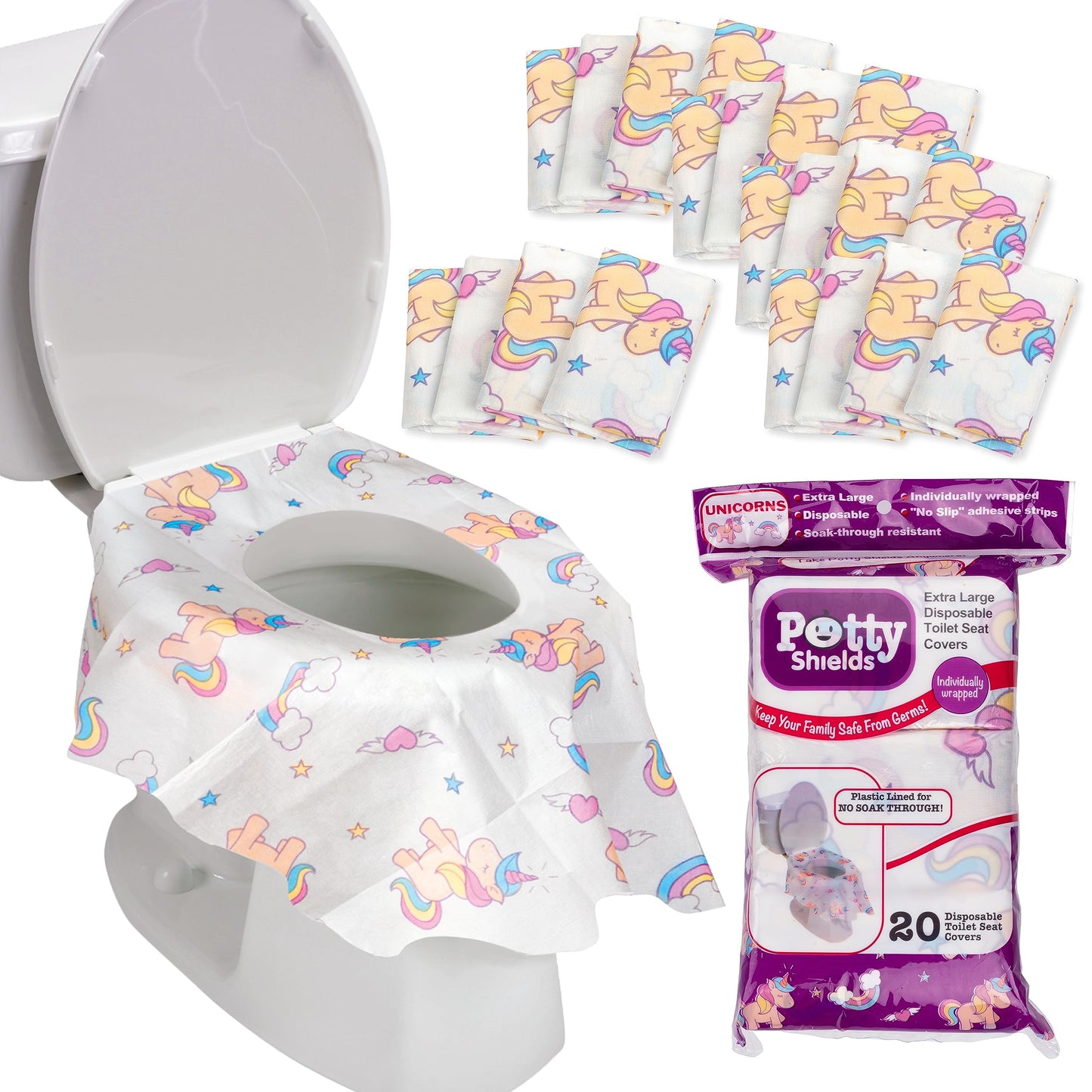 Fundas desechables para asiento de inodoros, para niños y adultos, en paquete individual, para viajes, entrenamiento para ir al baño, baños públicos, (20 unidades, unicornios), impermeable XL