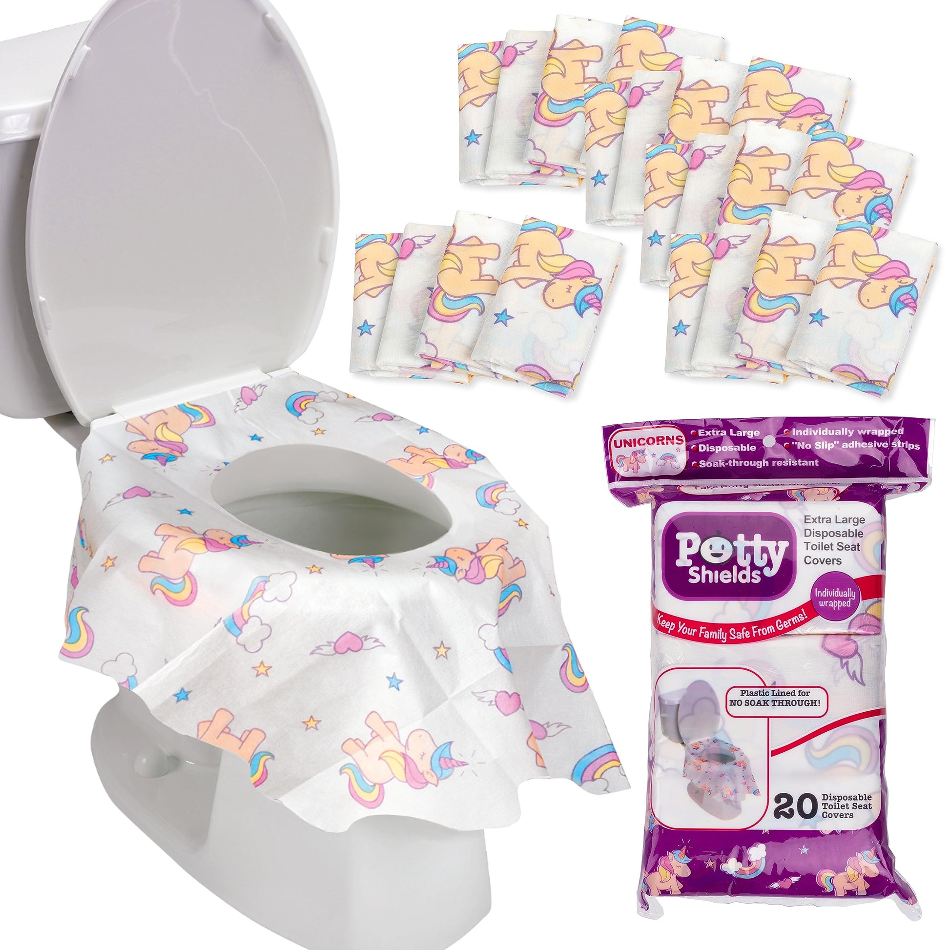 Fundas desechables para asiento de inodoros, para niños y adultos, en paquete individual, para viajes, entrenamiento para ir al baño, baños públicos, (20 unidades, unicornios), impermeable XL