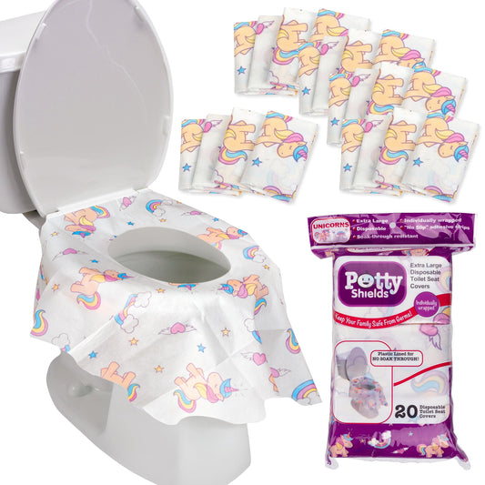 Fundas desechables para asiento de inodoros, para niños y adultos, en paquete individual, para viajes, entrenamiento para ir al baño, baños públicos, (20 unidades, unicornios), impermeable XL