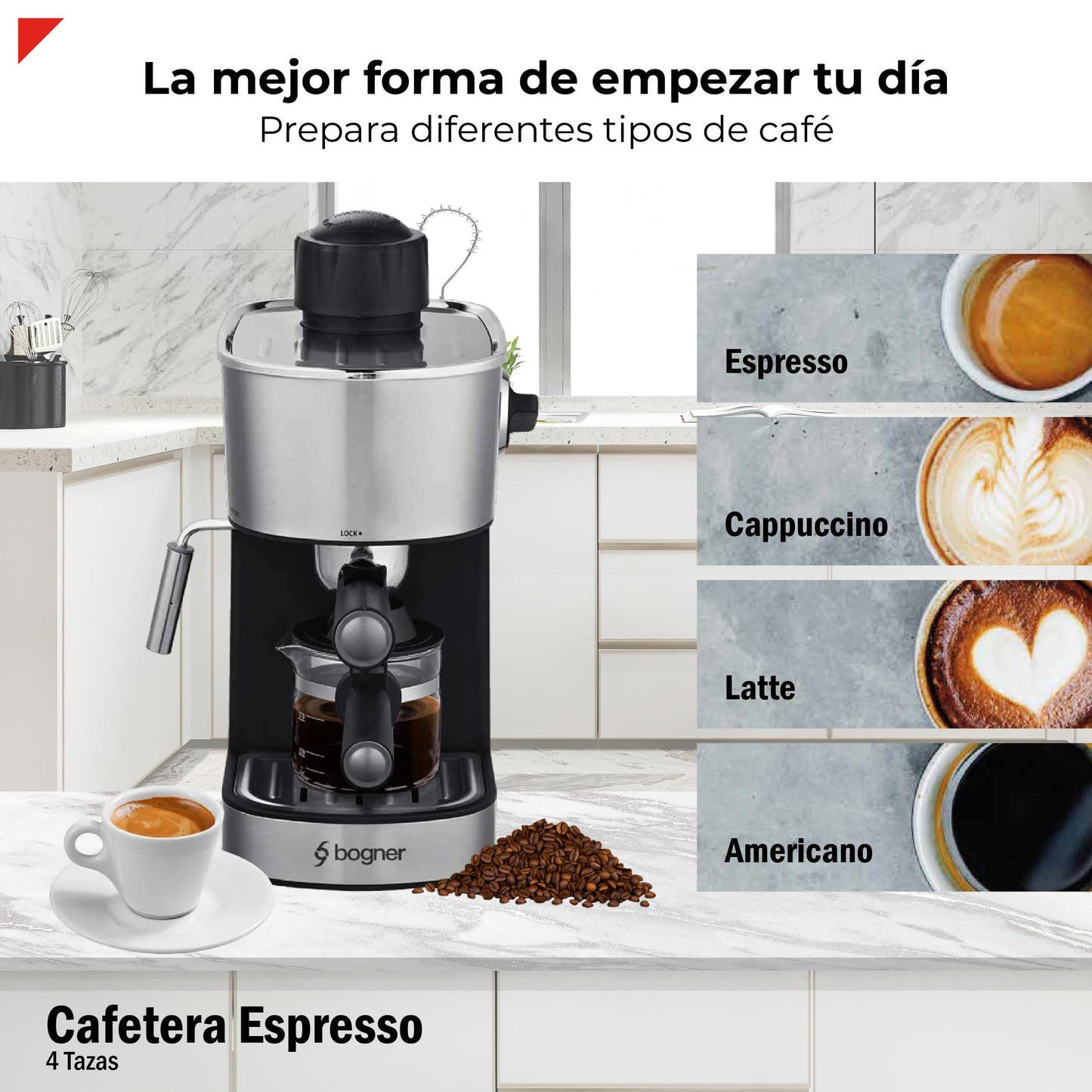 BOGNER- Cafetera espresso capuccino de 4 tazas para café molido BCM35 fabricada en acero inoxidable. Capacidad de tanque 470ml. Diseño moderno con frente ovalada
