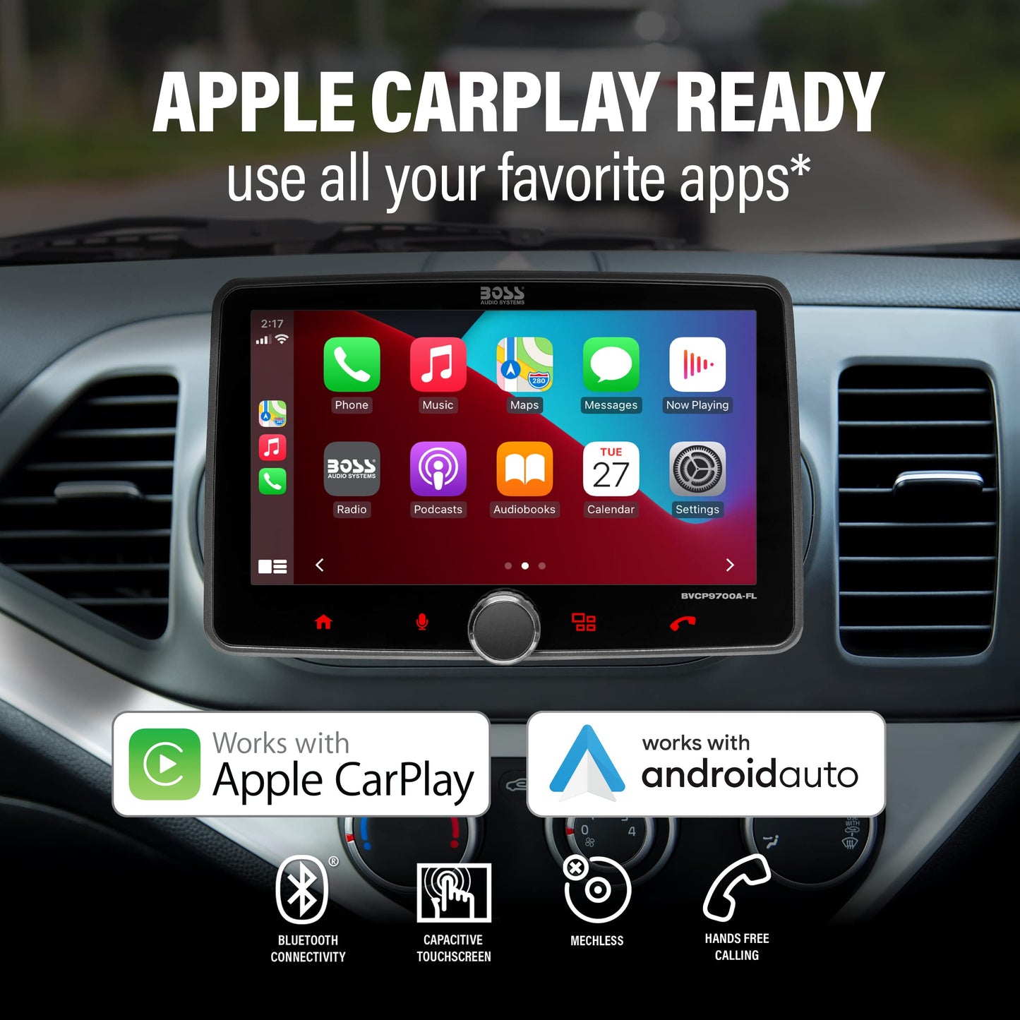BOSS Audio Systems BVCP9700A-CFL - Sistema estéreo de coche - Apple CarPlay, Android Auto, Din único con visualización táctil de 7 pulgadas, Bluetooth y unidad principal de llamadas, receptor de radio