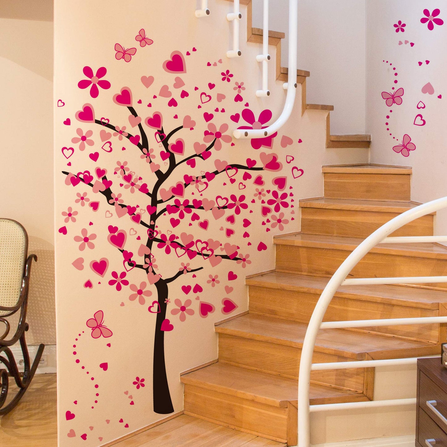 LiveGallery Adhesivos de pared extraíbles enormes de corazón rosa con flores de dibujos animados, mariposas rojas, calcomanías de pared de árbol, decoración de arte para casa, habitación de niñas