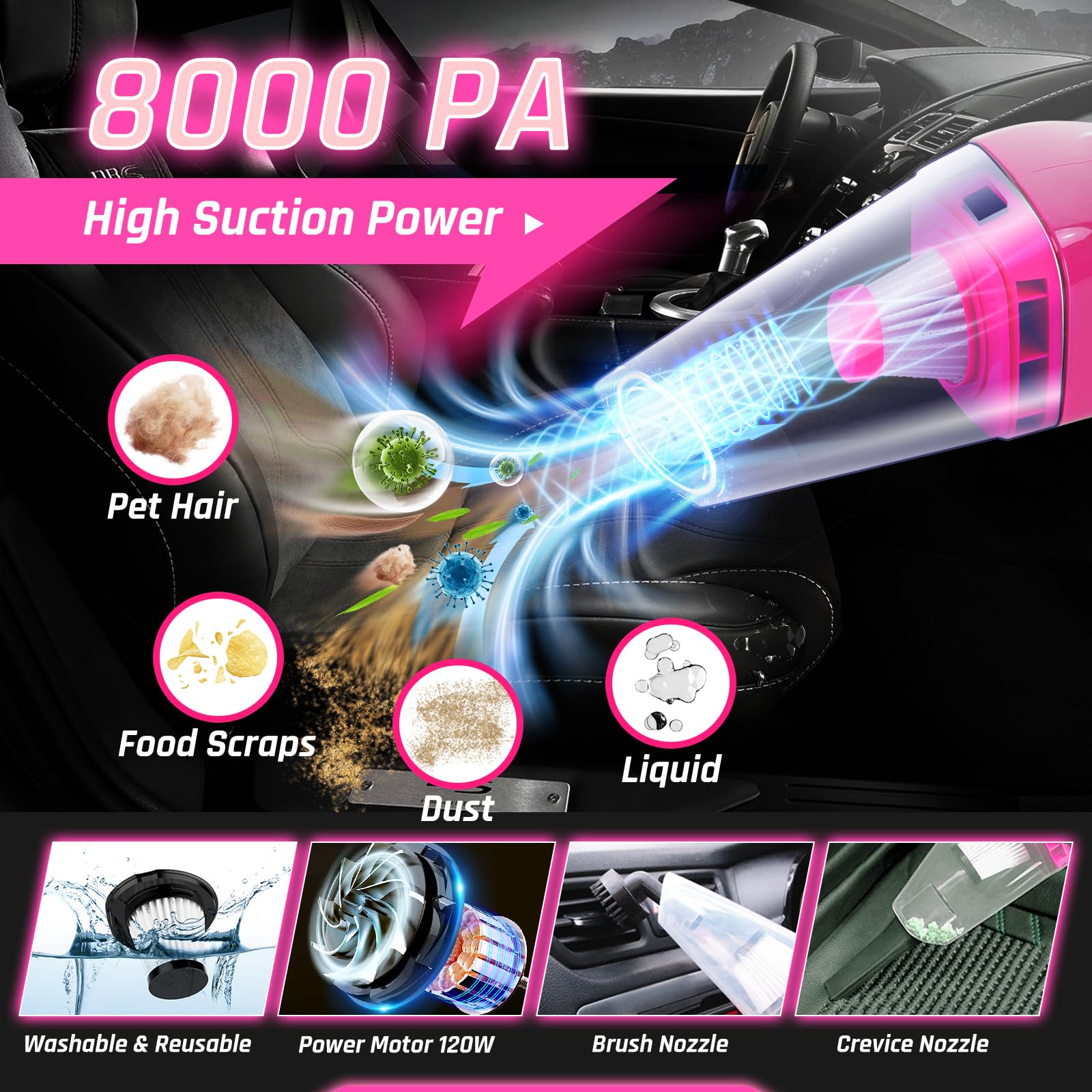 Kit de 35 piezas para limpieza de interiores de coche con aspiradora de mano de alta potencia, kit de lavado con cepillos, accesorios color rosa para motocicletas, regalos para mujeres