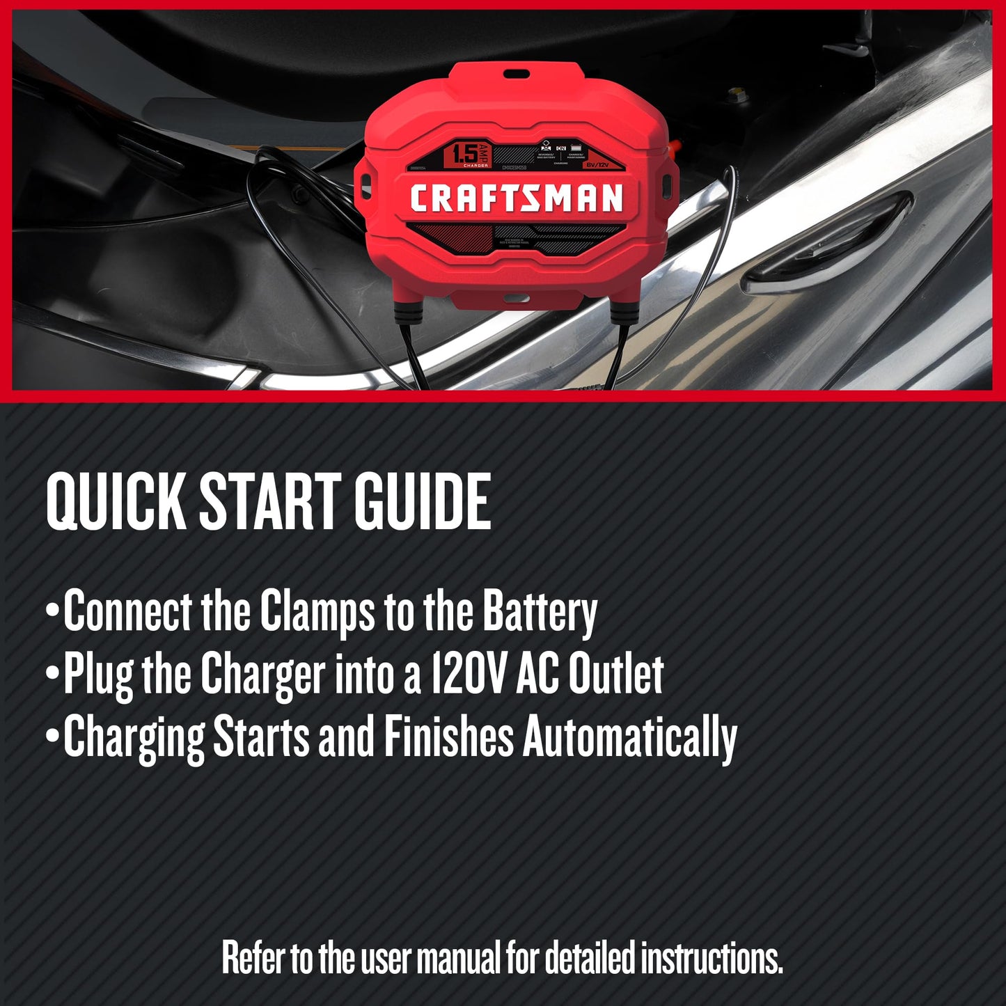 CRAFTSMAN Cargador y mantenedor de batería, CMXCESM259, 3 en 1, Totalmente automático, 1.5 amperios, 6 voltios, 12 voltios, para automóviles, SUV, Camiones y baterías Marinas