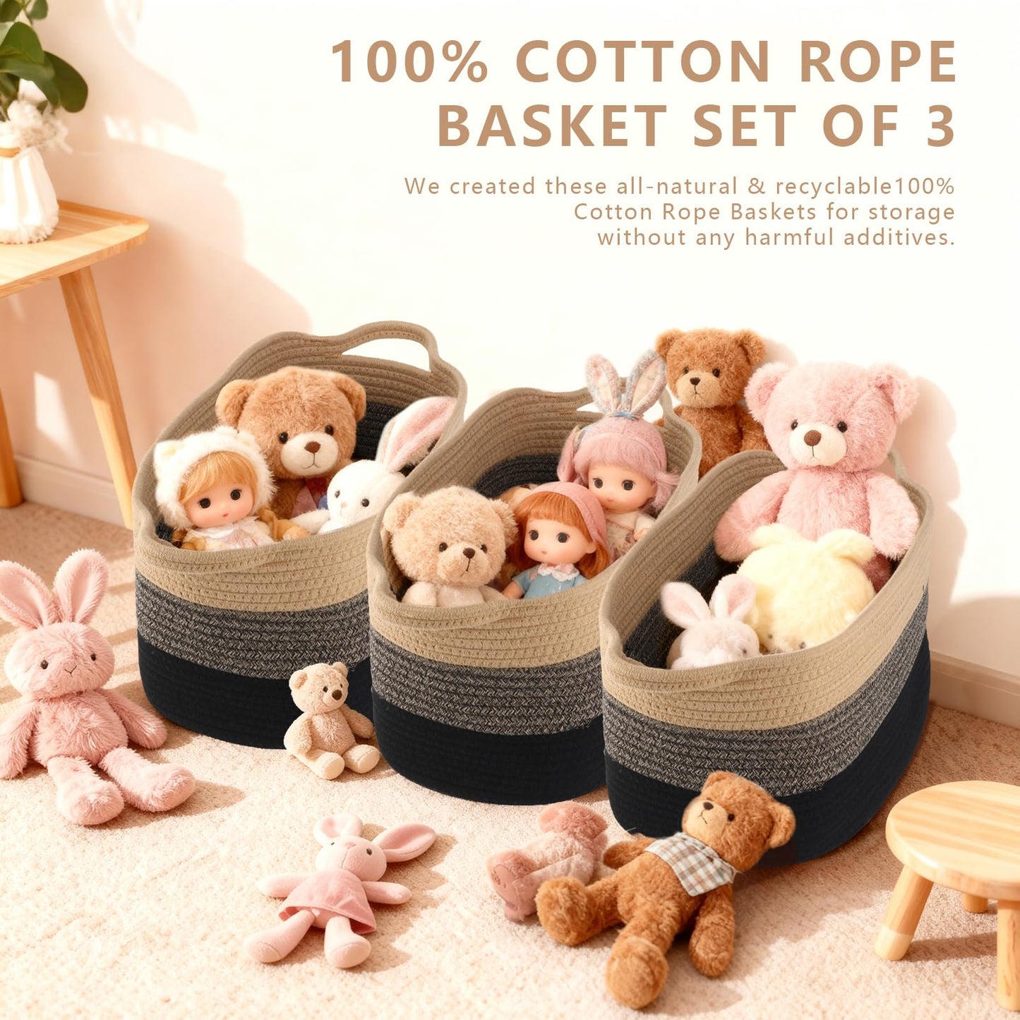 Cestas de almacenamiento tejidas con cuerda de algodón para cestas de bebés, cestas de regalo vacías, cestas de lavandería para niños. Tamaño: L38 × w28 × h25