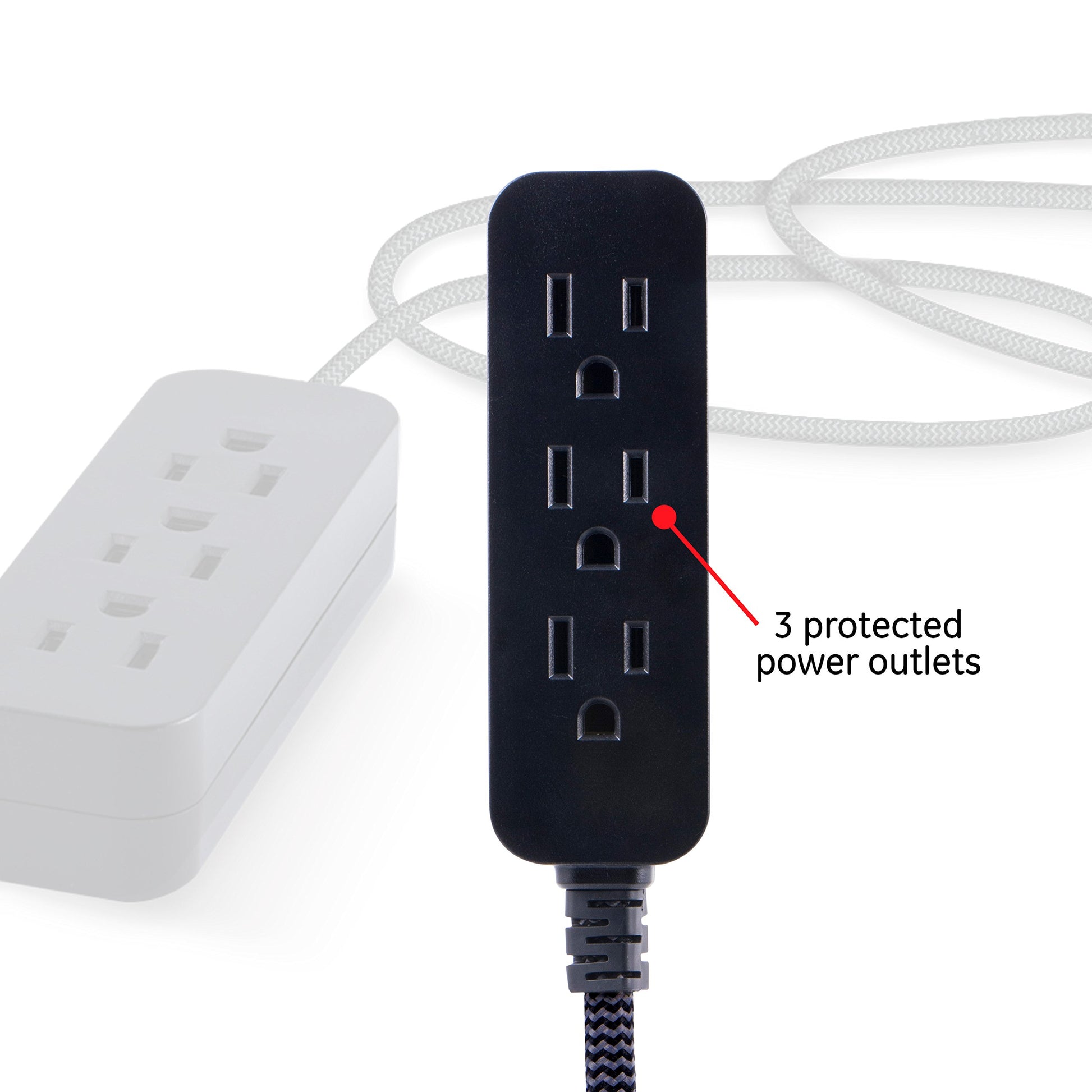 GE Pro Tira Multicontactos De 3 Salidas con Supresor de Picos, Enchufe Plano, Cable De Extensión Trenzado De 2.4 m (8 Pies) 250 Julios, Conectado a Tierra Certificacion UL Negro/Gris 2 Unidades, 53249