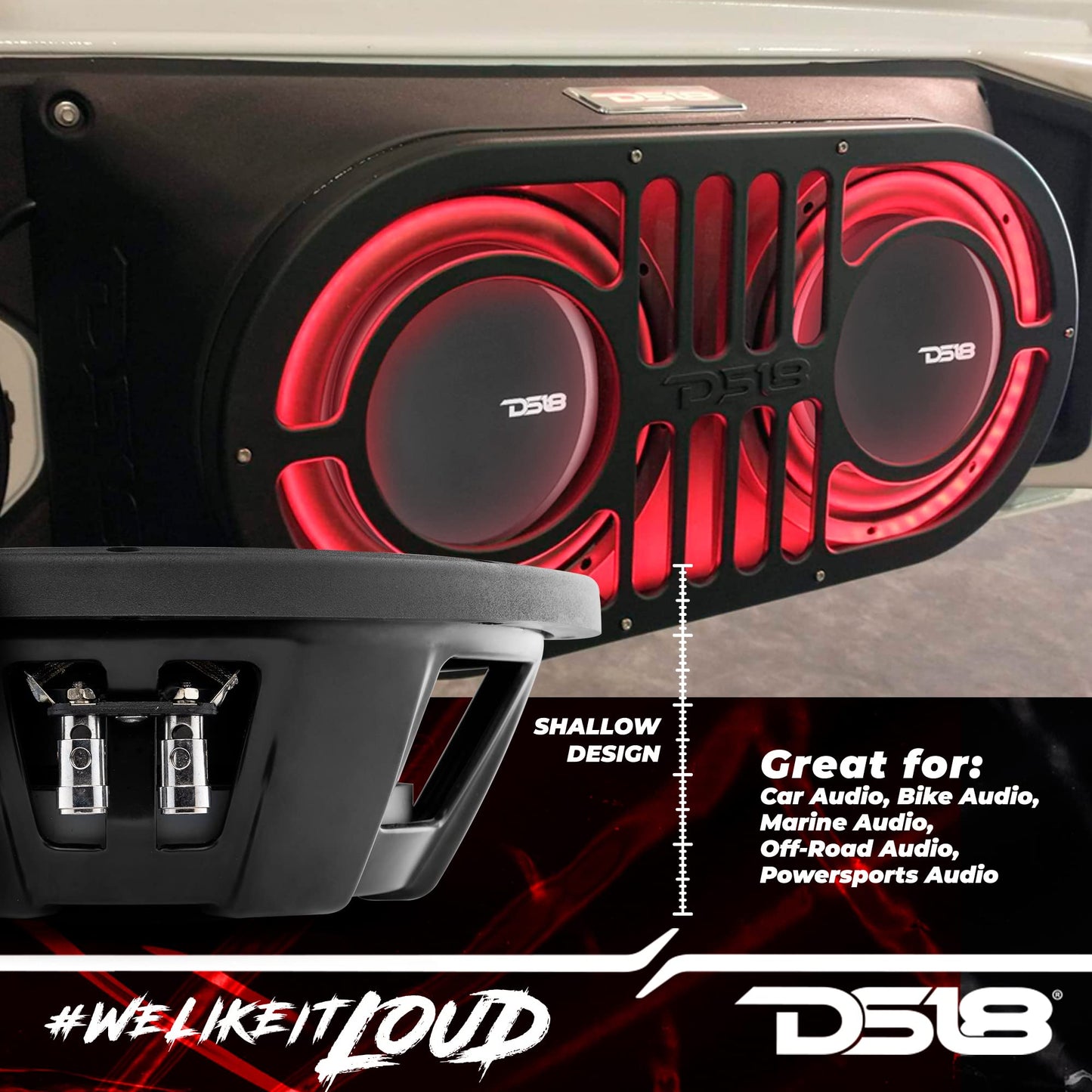 DS18 PSW10.4S - Subwoofer de montaje poco profundo de 10 pulgadas, 1000 W, potencia máxima de 500 W, bobina de voz única RMS, resistente al agua, 4 OHMS - El mejor sub para espacios reducidos en coches y camiones - 1 altavoz